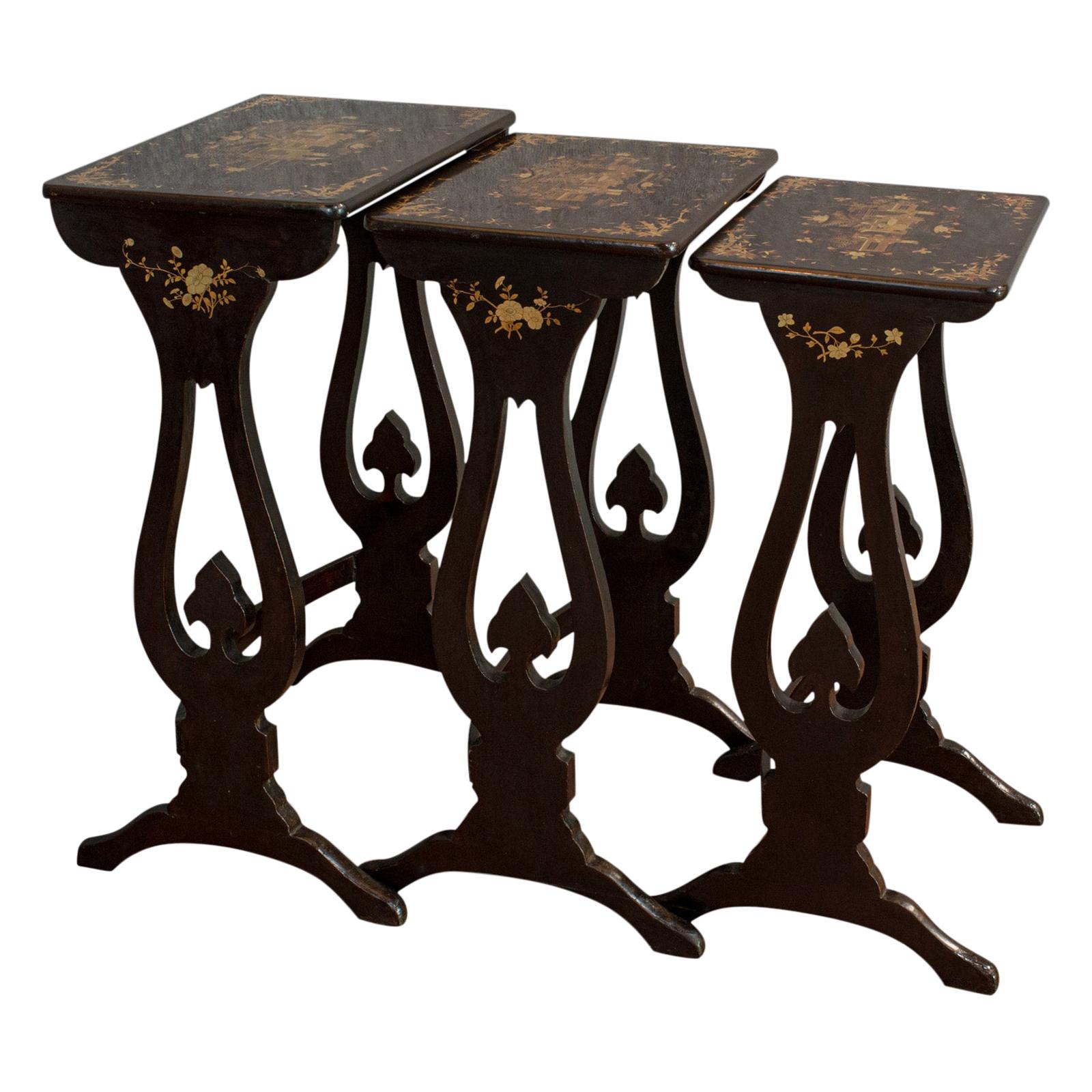 Antique Nest of Occasional Tables, Oriental Trio Japanned, Victorian, circa 1880