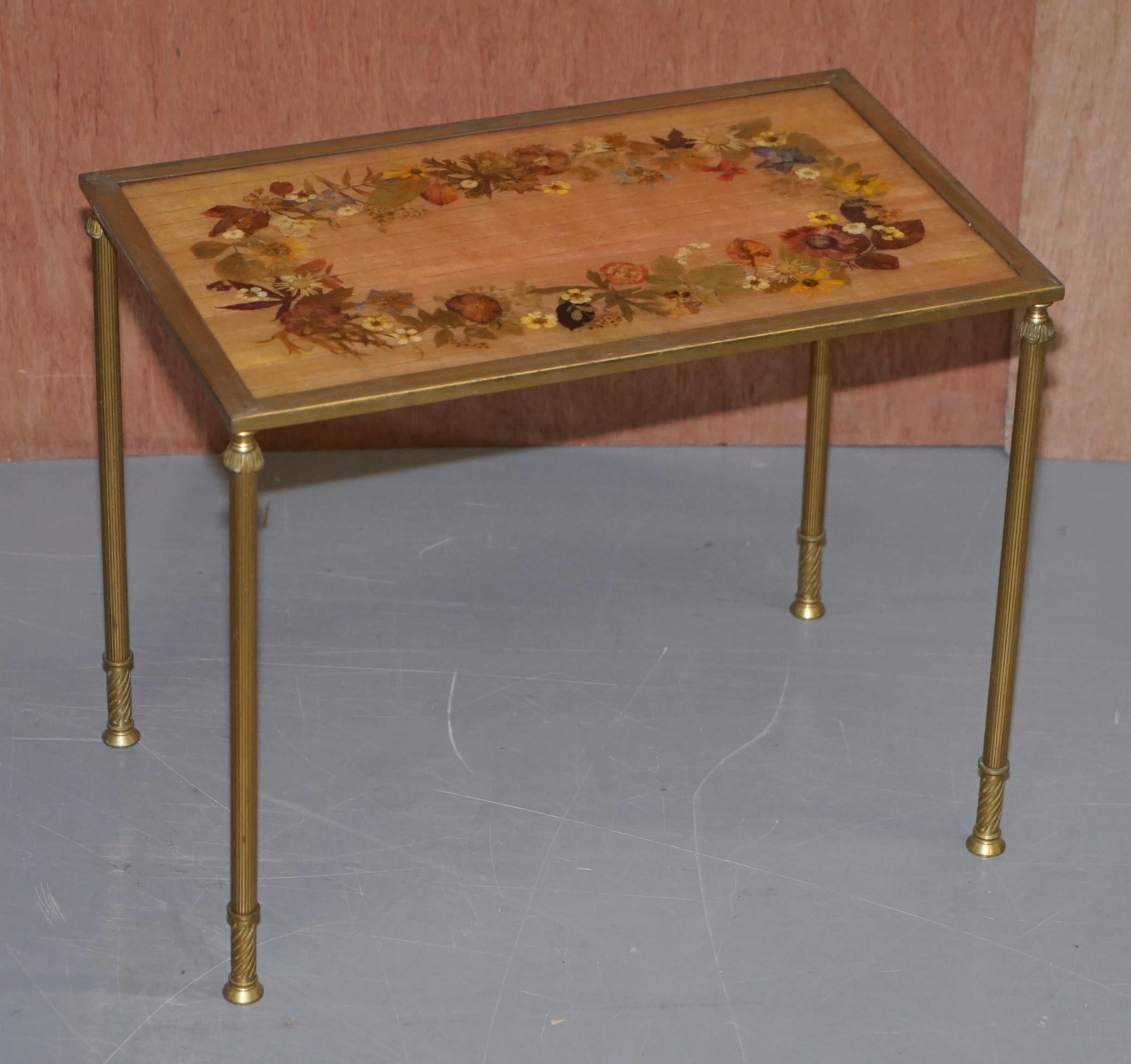 Antique Nest of Three French circa 1920 Bronze Pressed Flowers Tables Regency 3 For Sale 4