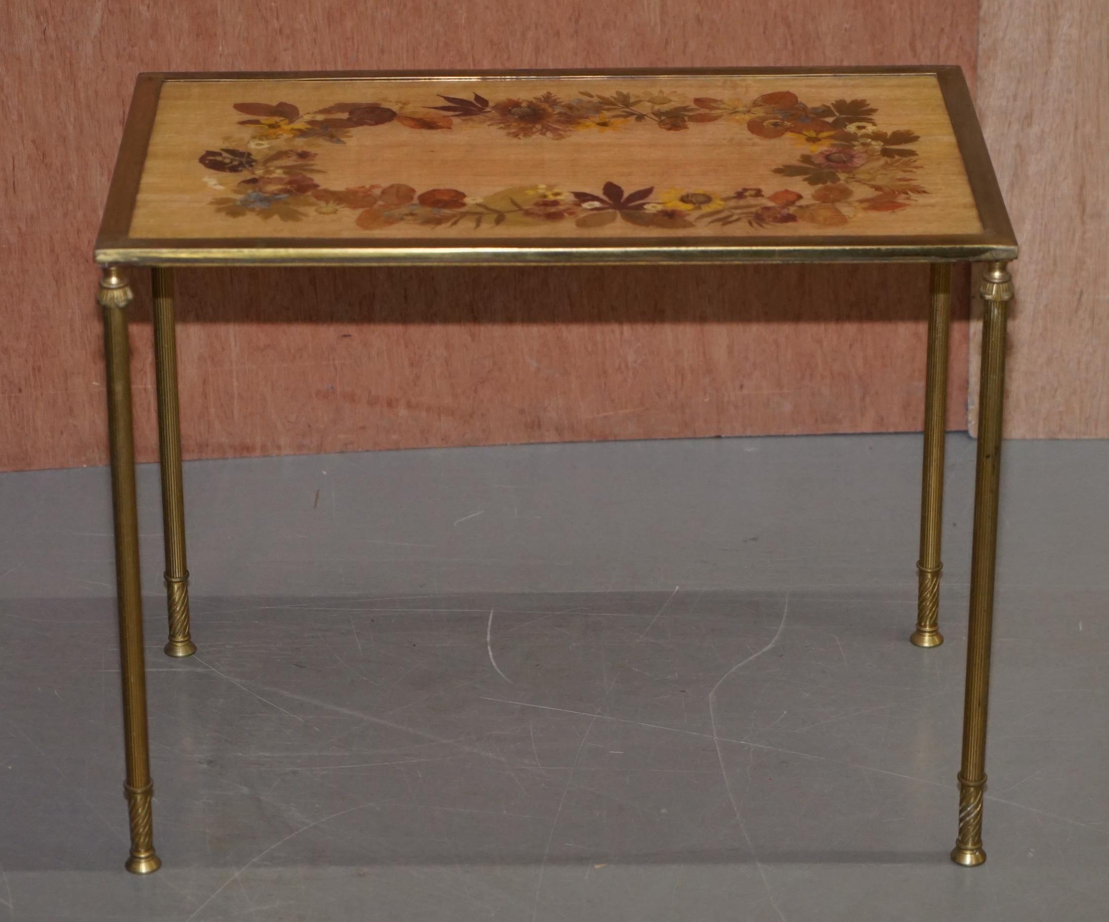 Art Deco Antique Nest of Three French circa 1920 Bronze Pressed Flowers Tables Regency 3 For Sale