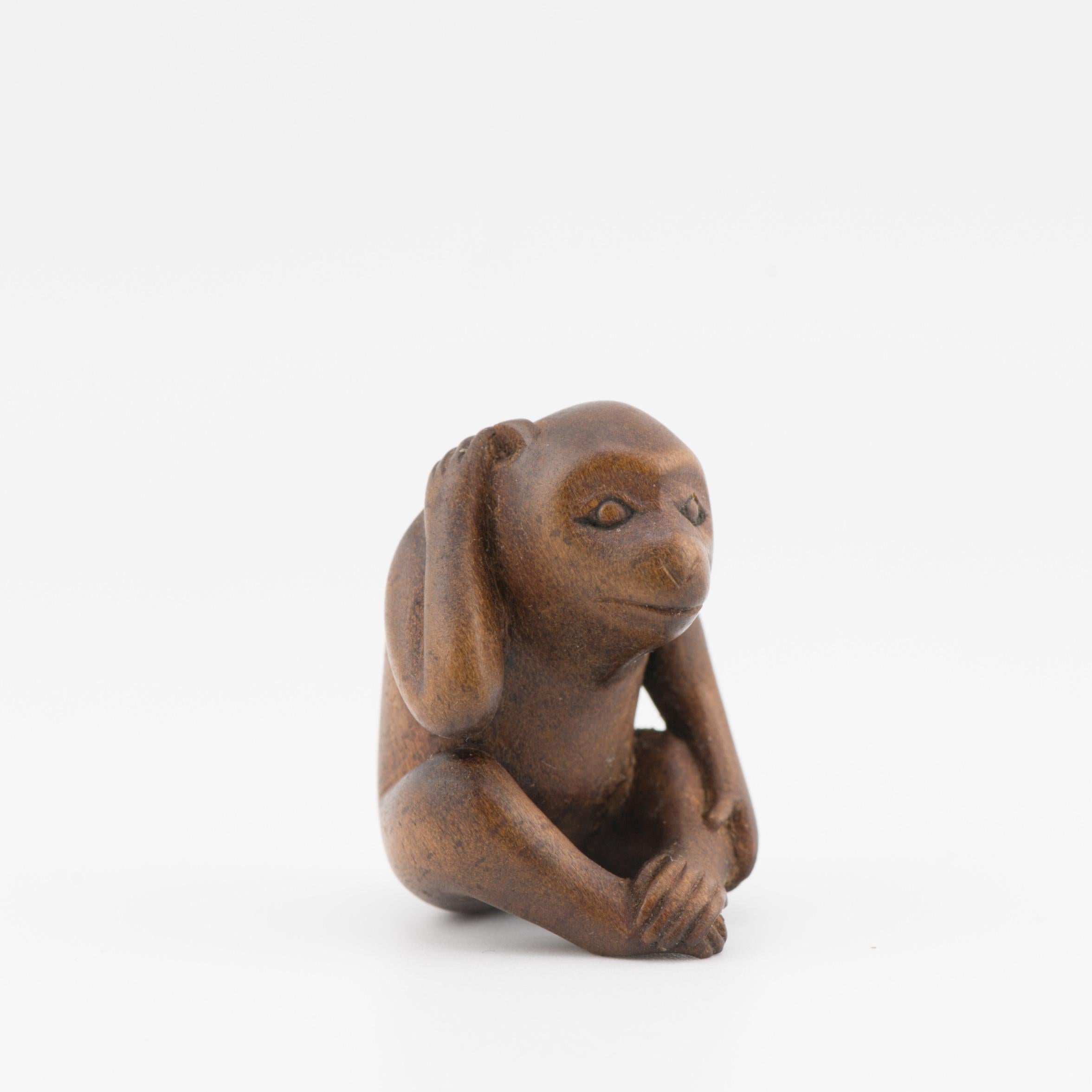 Metal Antique Netsuke 19/20th C Japanese Japan Monkey Thinking Meiji Period For Sale
