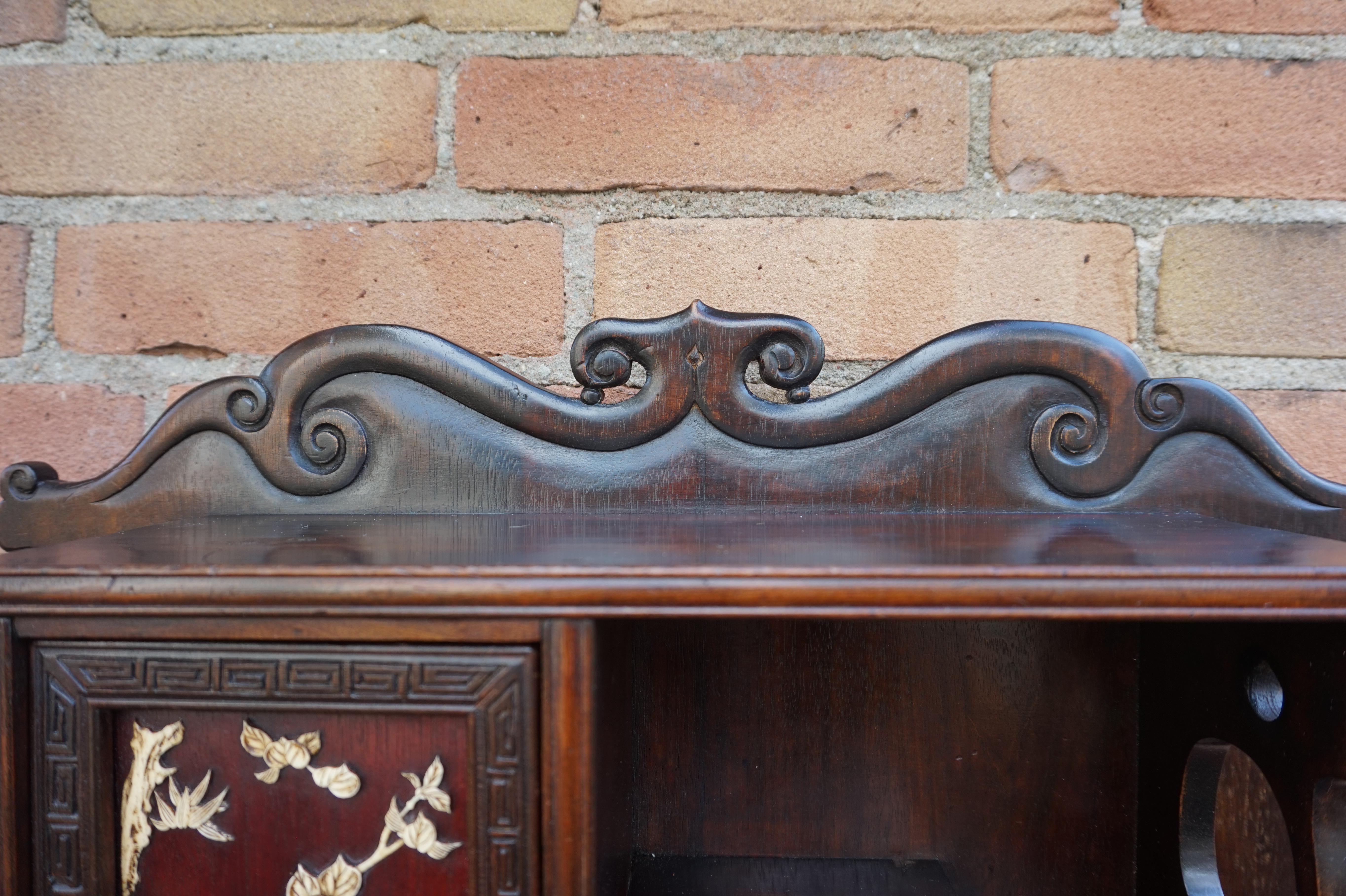 20th Century Antique Netsuke Wall Display Cabinet w. Hand Carved Inlaid Bird & Flower Motifs
