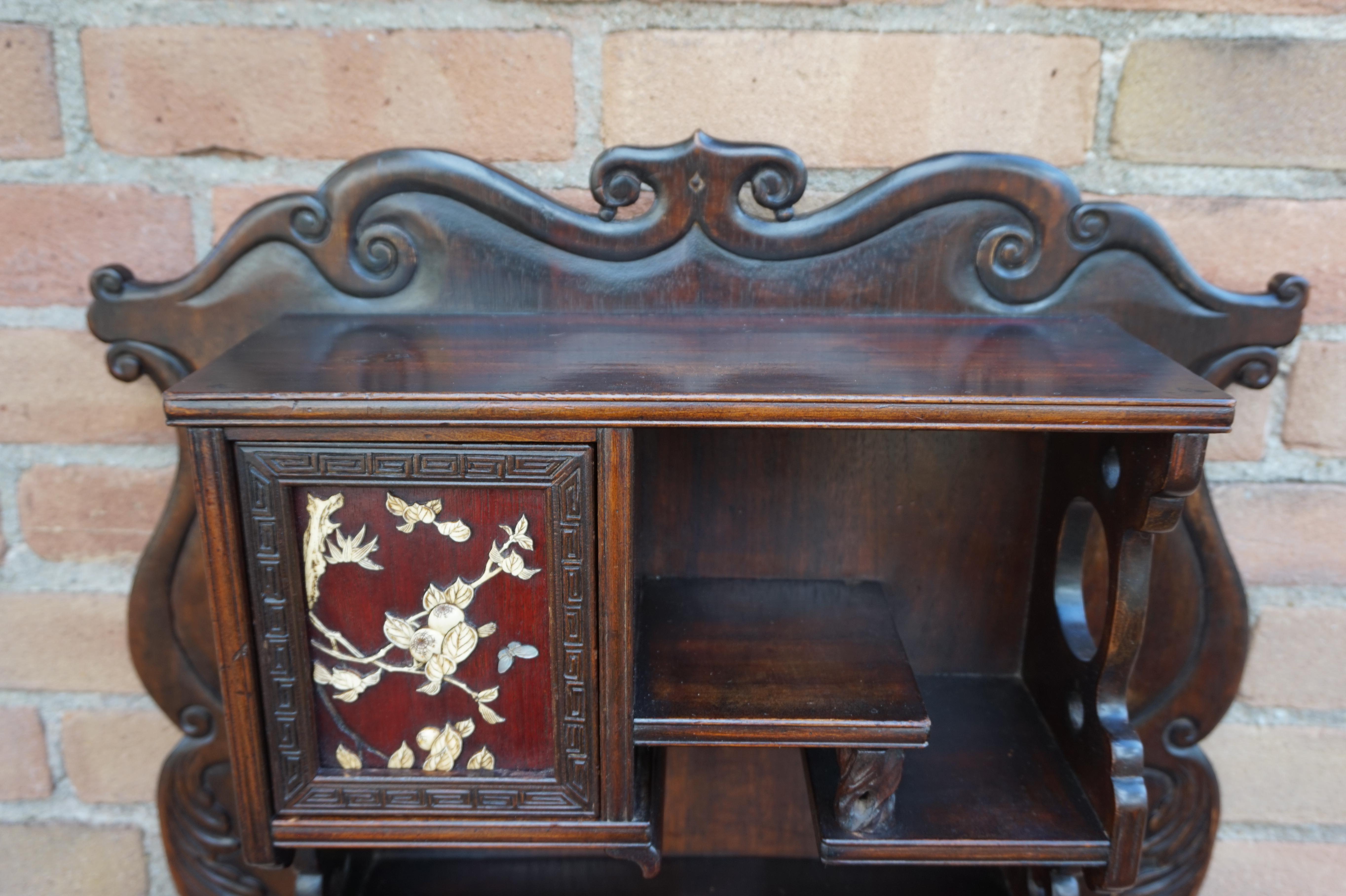 Wood Antique Netsuke Wall Display Cabinet w. Hand Carved Inlaid Bird & Flower Motifs For Sale