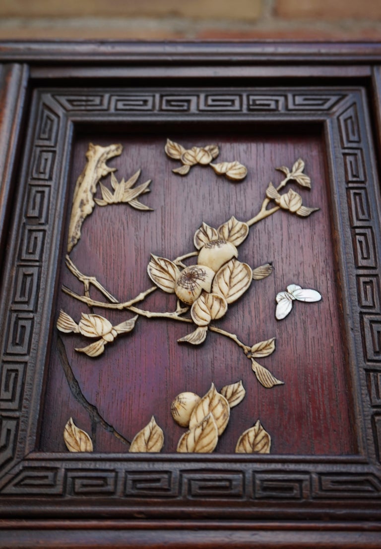 Antique Netsuke Wall Display with Bone Carved Bird and Flower