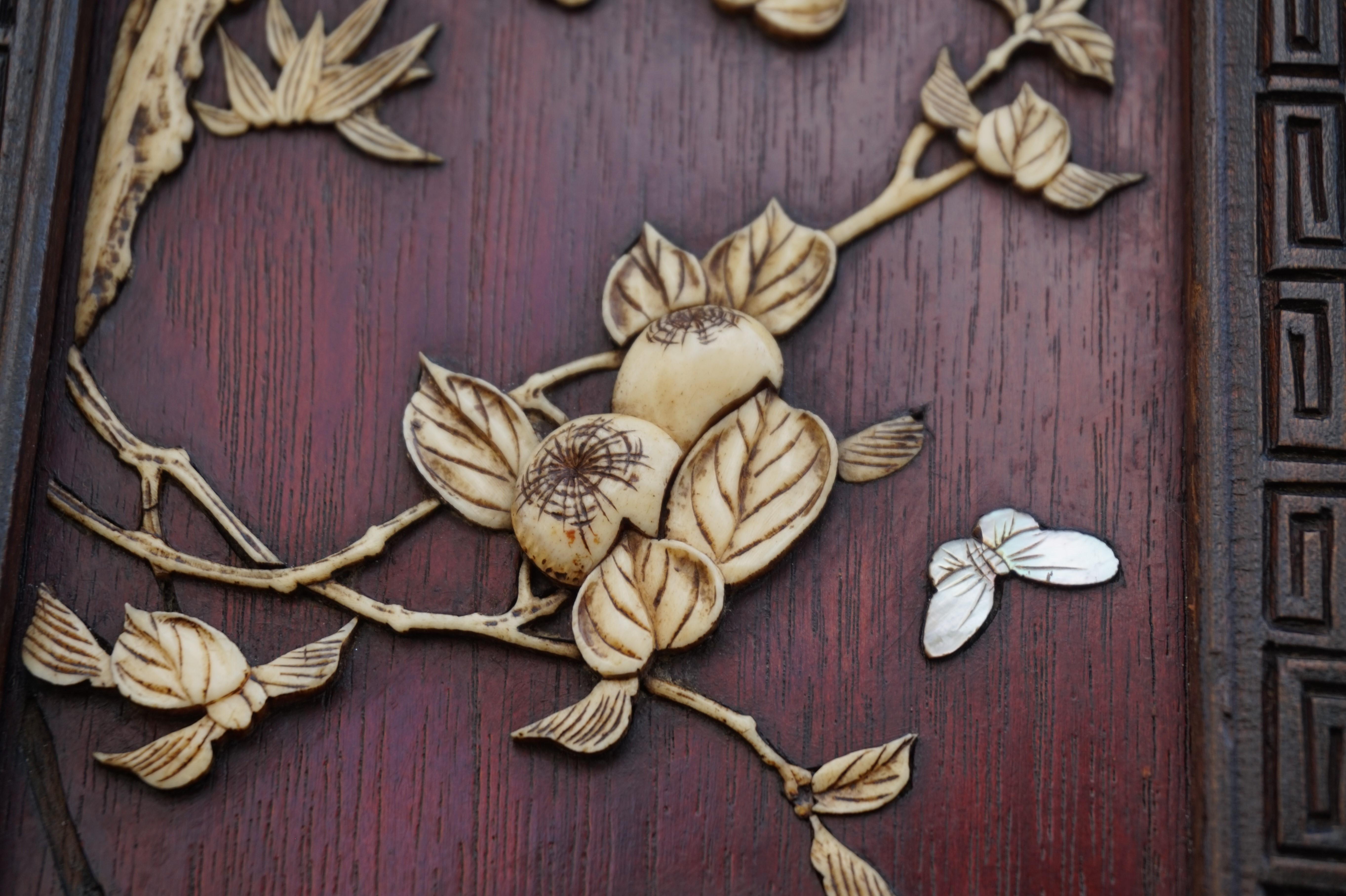 Antique Netsuke Wall Display Cabinet w. Hand Carved Inlaid Bird & Flower Motifs For Sale 2