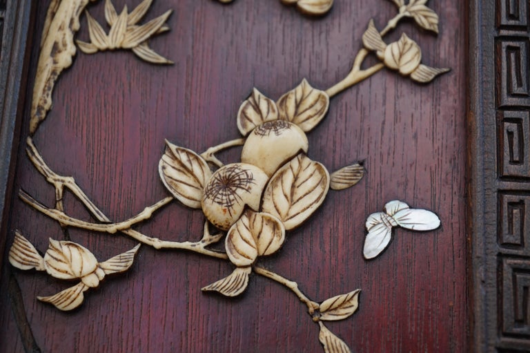 Antique Netsuke Wall Display with Bone Carved Bird and Flower