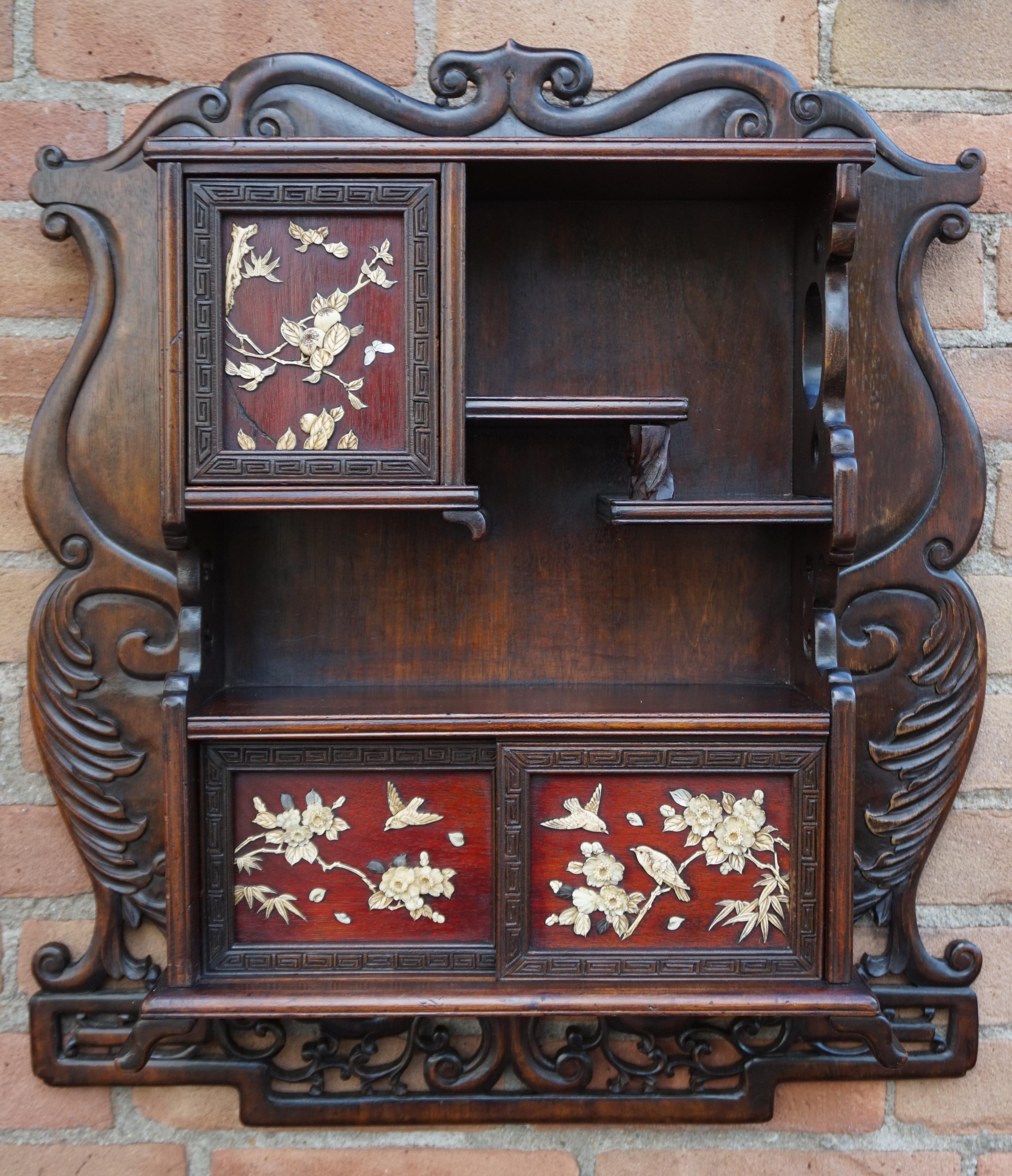 Antique Netsuke Wall Display Cabinet w. Hand Carved Inlaid Bird & Flower Motifs For Sale 3