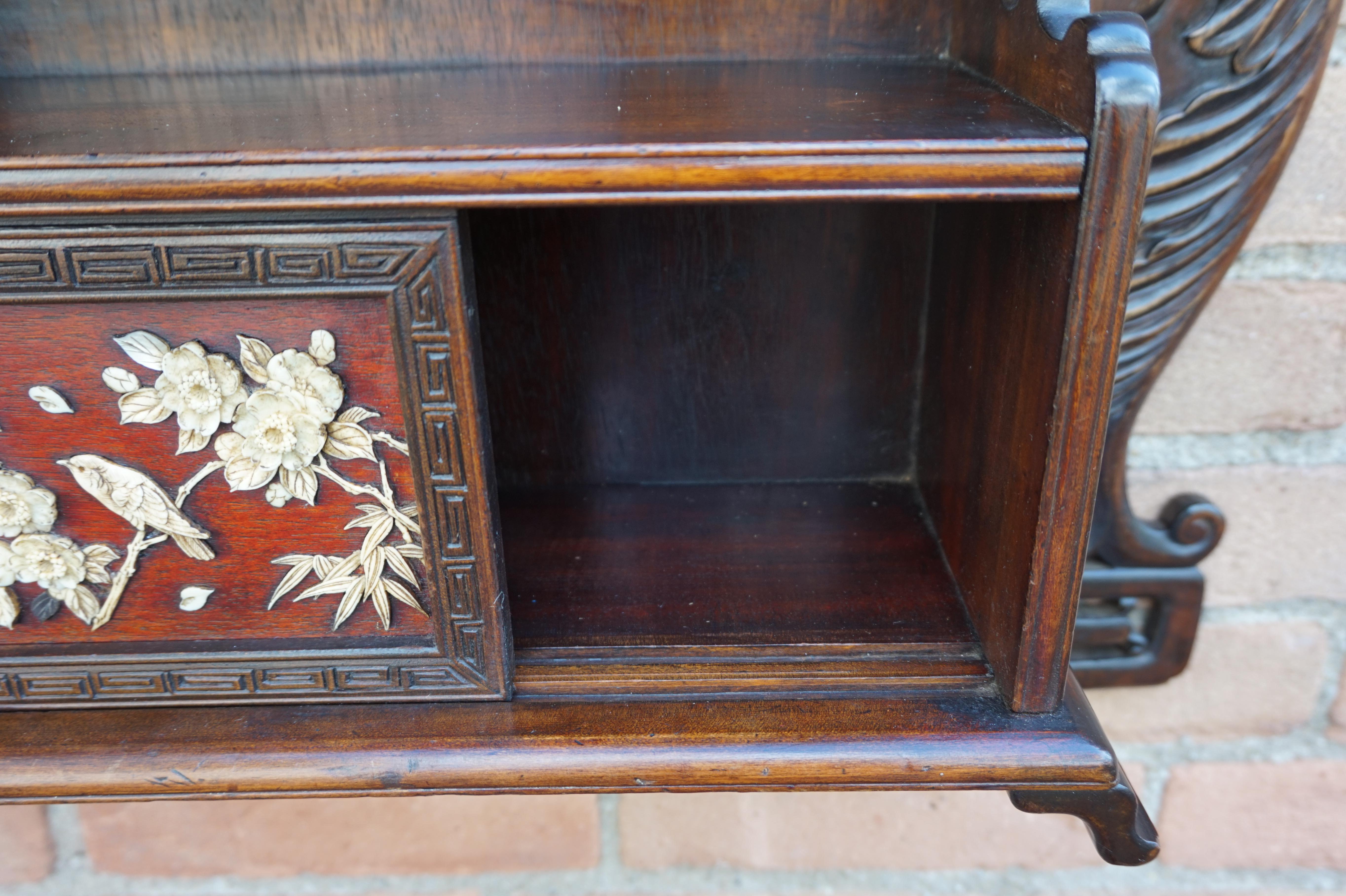 Antique Netsuke Wall Display Cabinet w. Hand Carved Inlaid Bird & Flower Motifs For Sale 4