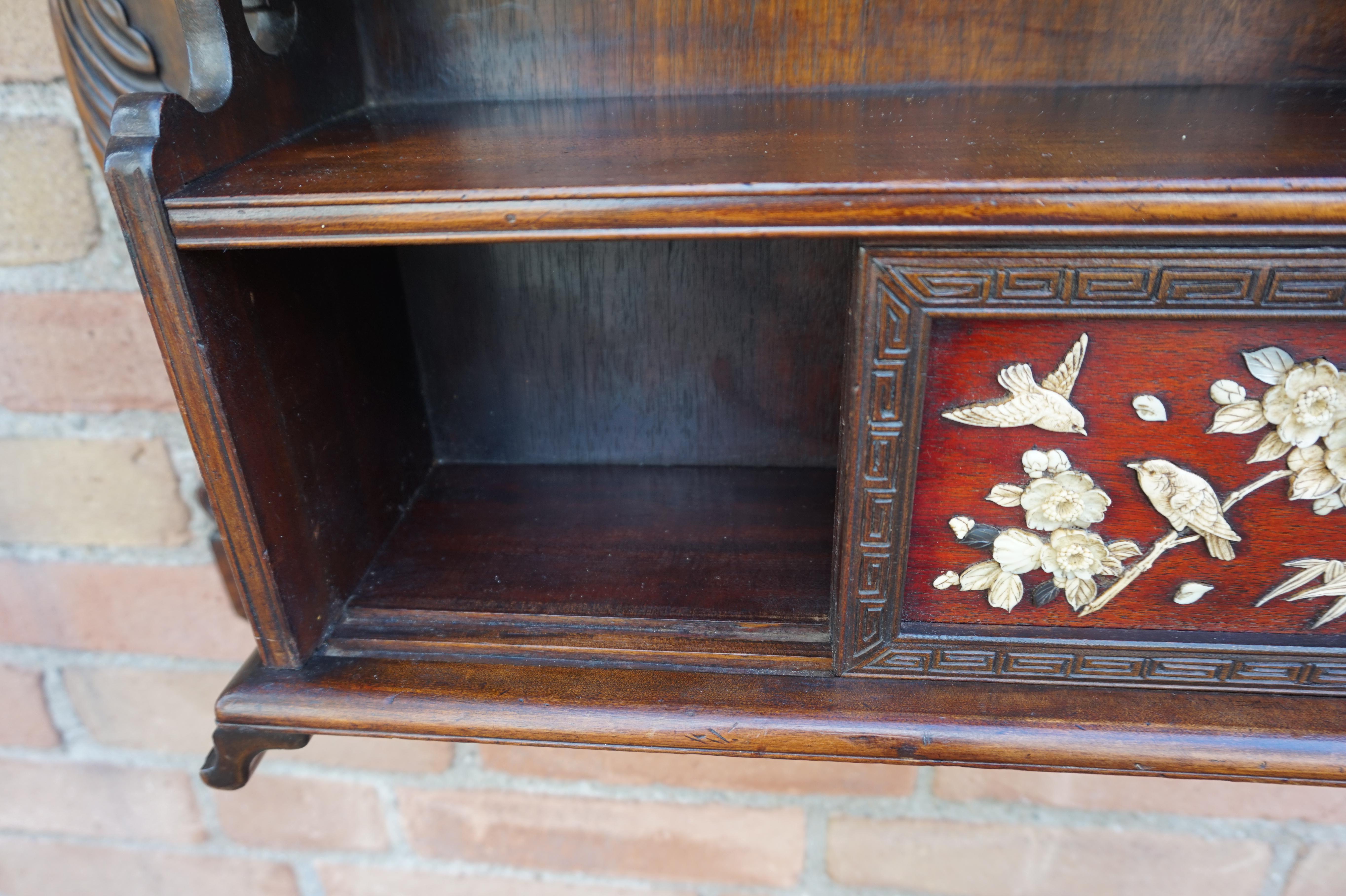Antique Netsuke Wall Display Cabinet w. Hand Carved Inlaid Bird & Flower Motifs For Sale 5