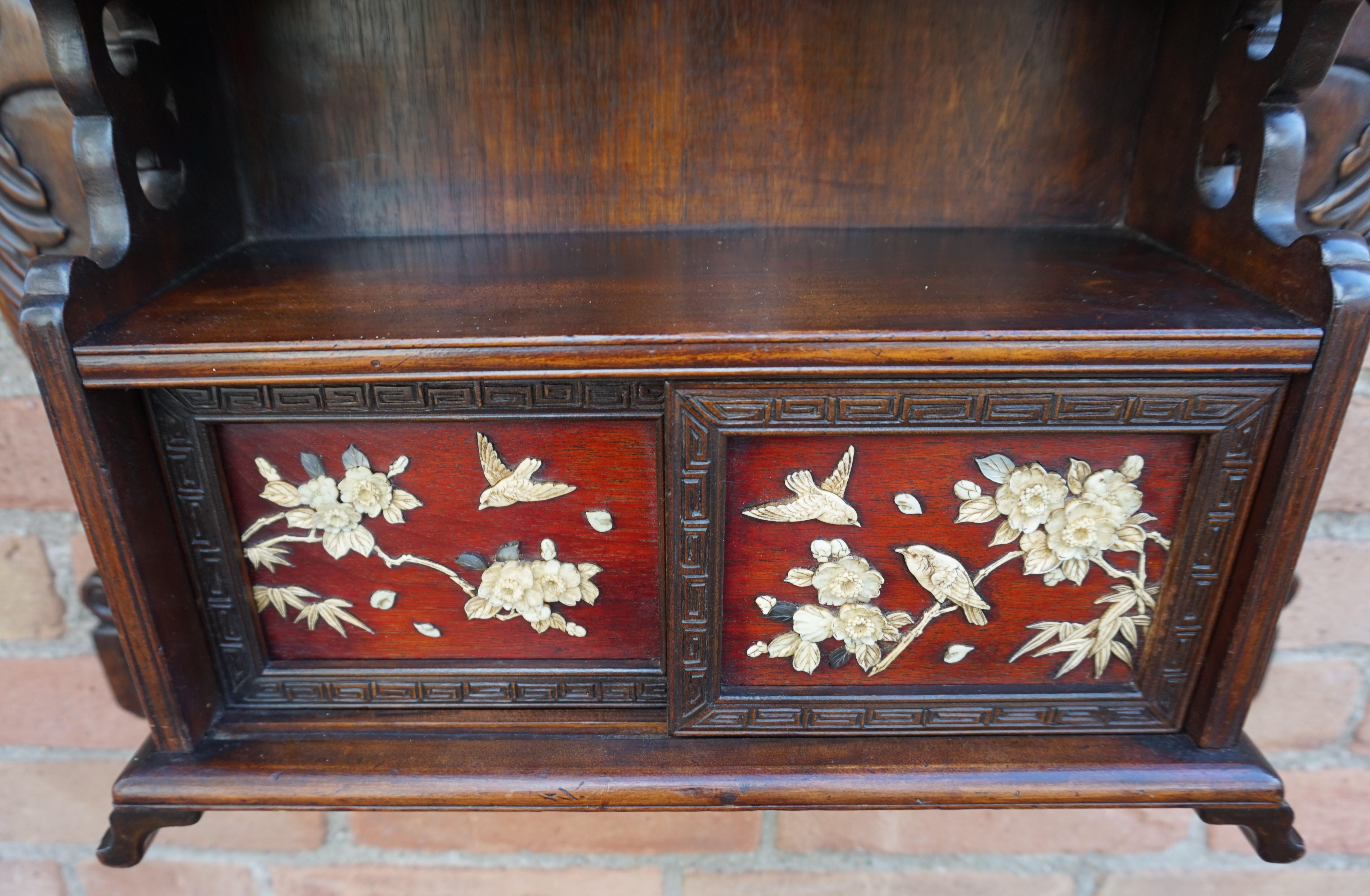 Antique Netsuke Wall Display Cabinet w. Hand Carved Inlaid Bird & Flower Motifs For Sale 6
