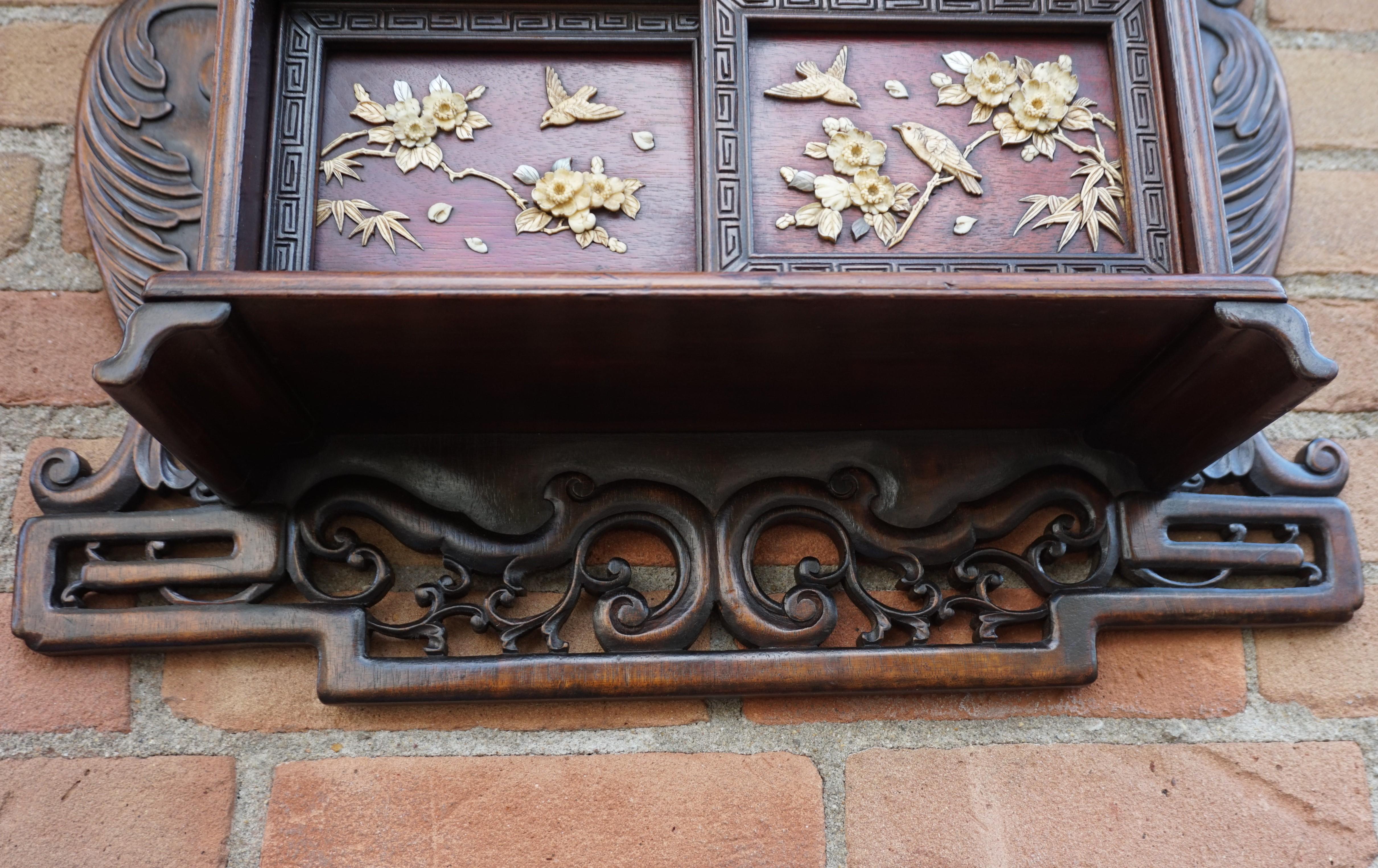 Antique Netsuke Wall Display Cabinet w. Hand Carved Inlaid Bird & Flower Motifs For Sale 7