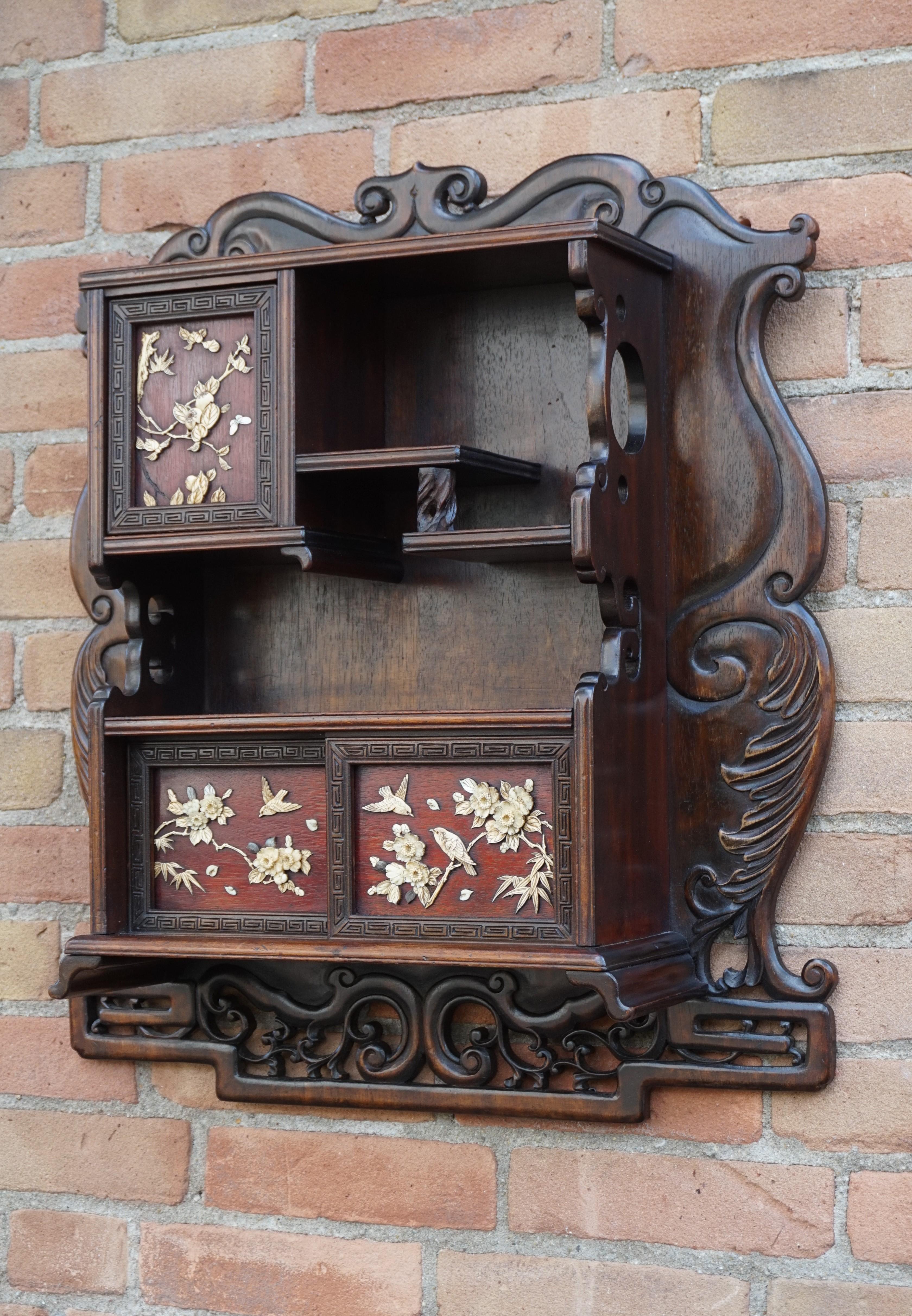 Antique Netsuke Wall Display Cabinet w. Hand Carved Inlaid Bird & Flower Motifs For Sale 8