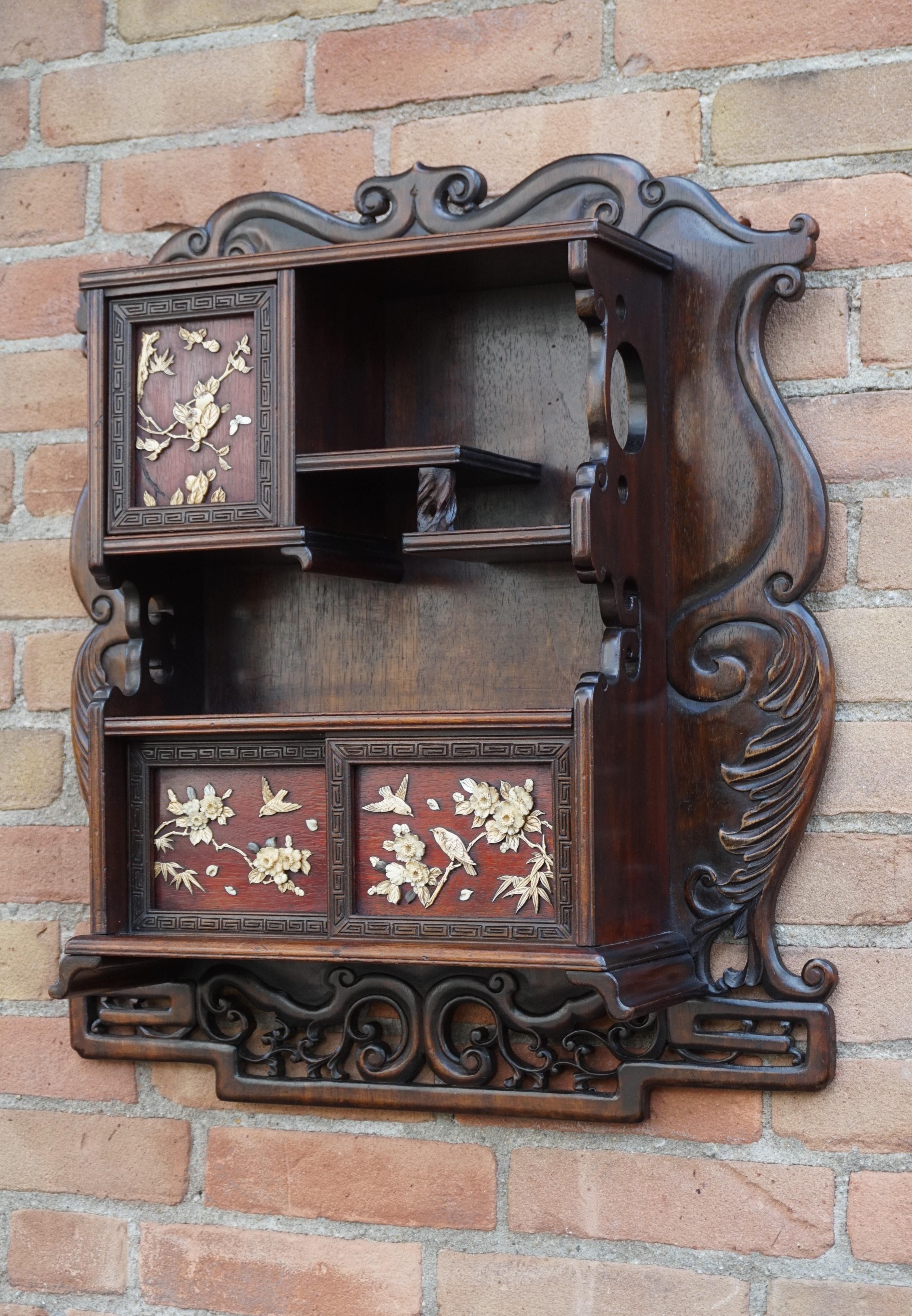 Antique Netsuke Wall Display Cabinet w. Hand Carved Inlaid Bird & Flower Motifs 8