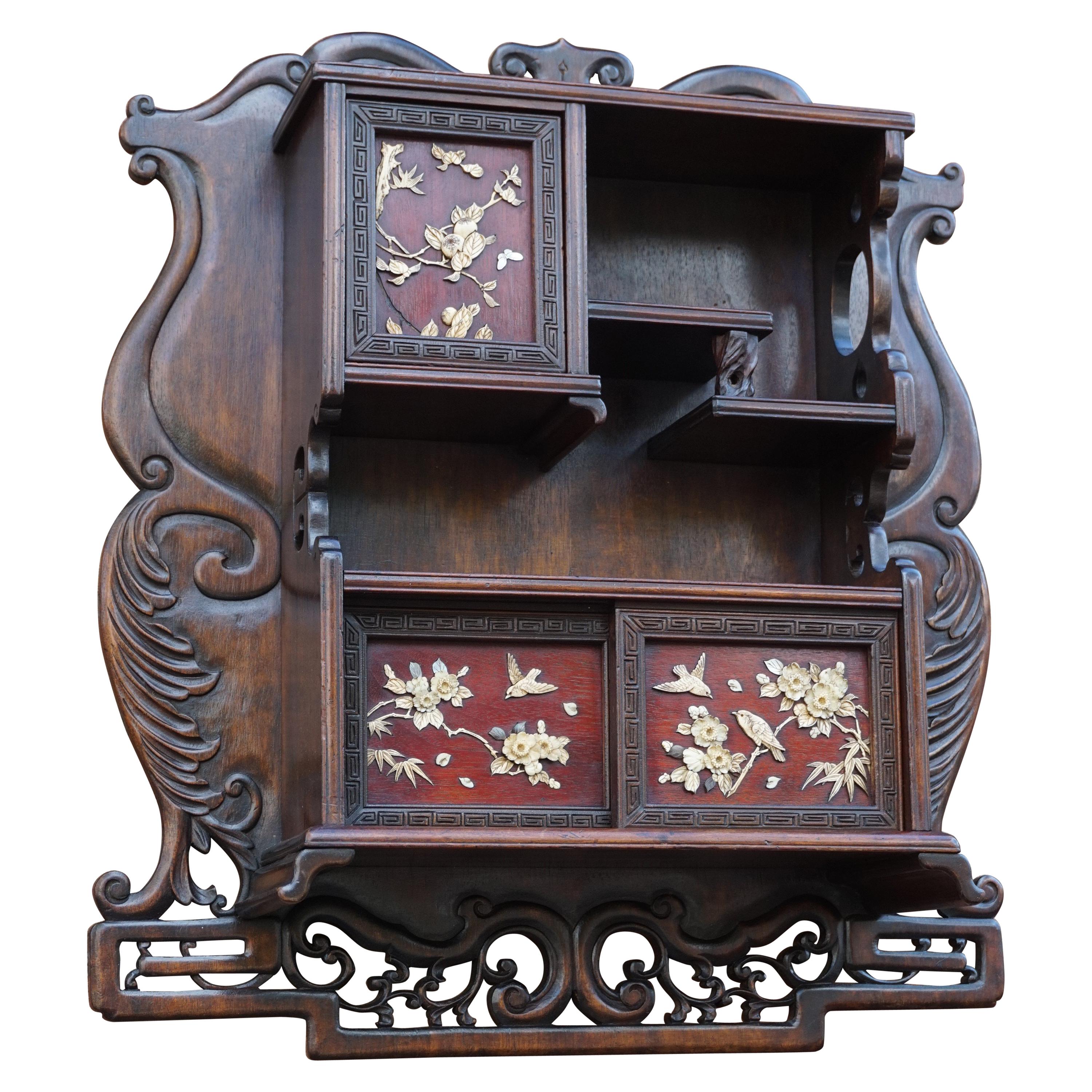 Antique Netsuke Wall Display Cabinet w. Hand Carved Inlaid Bird & Flower Motifs For Sale