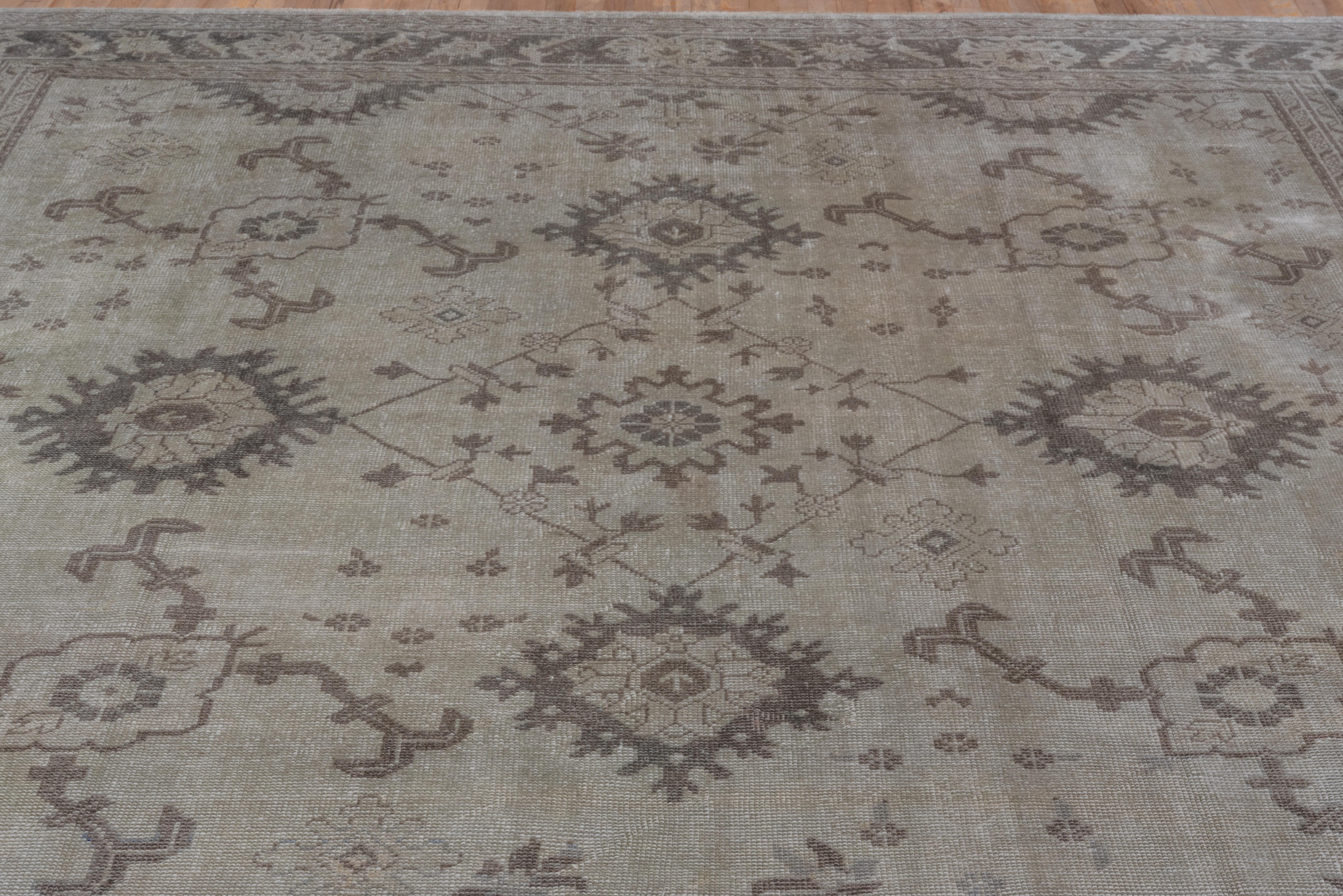 Hand-Knotted Antique Neutral Oushak Square Rug, circa 1920s, Neutral Palette