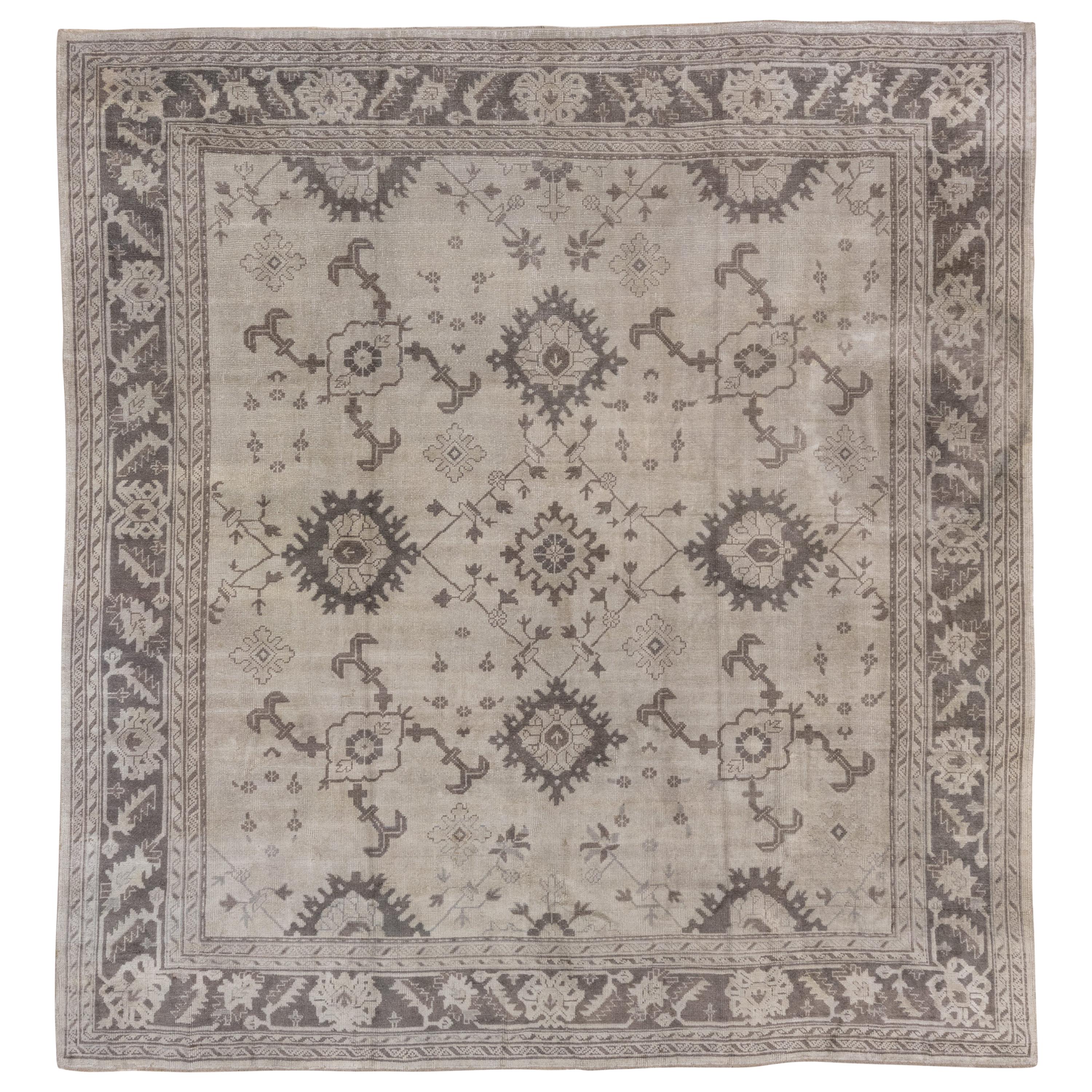 Antique Neutral Oushak Square Rug, circa 1920s, Neutral Palette