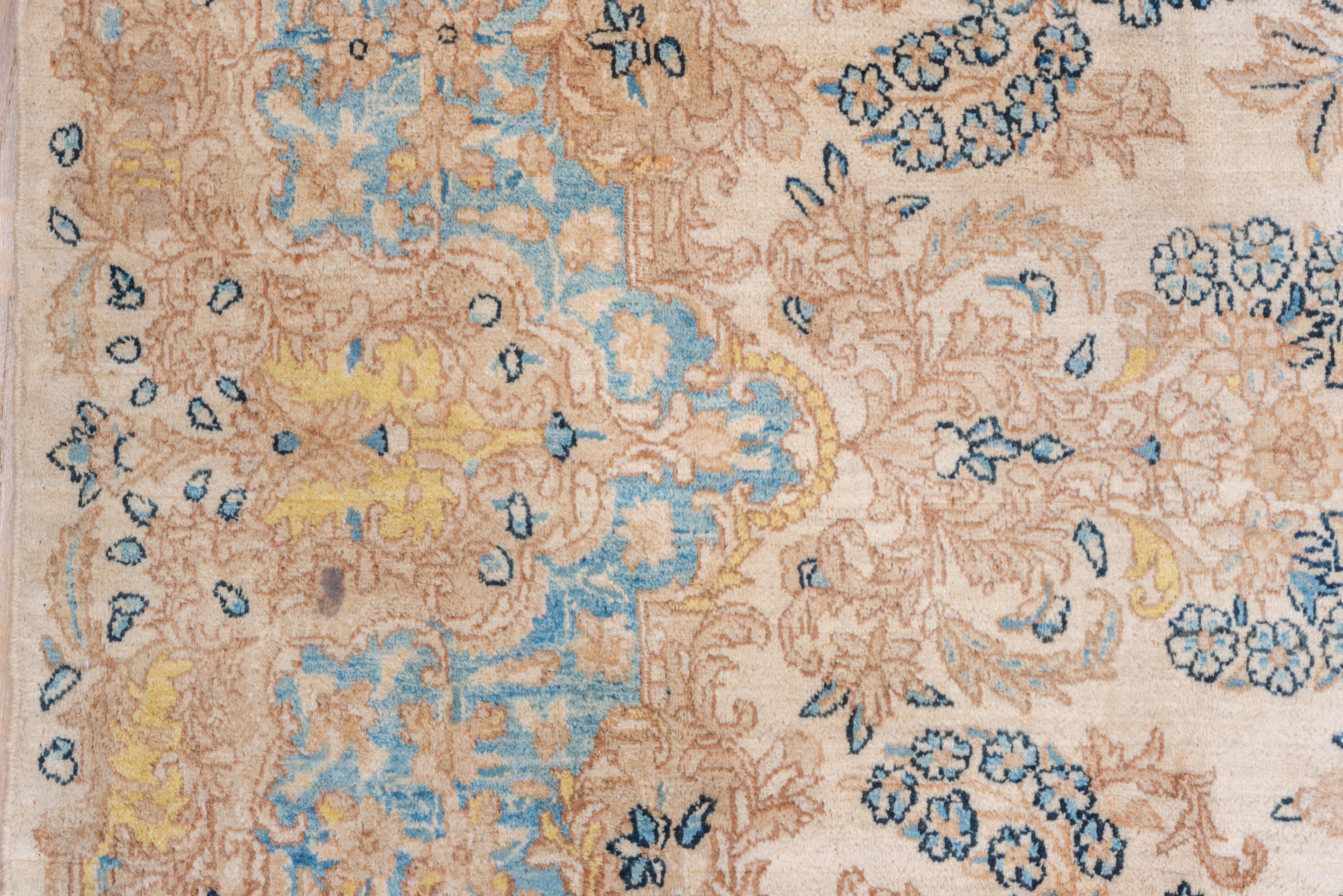 Wool Antique Neutral Persian Kerman Carpet with Light Blue & Yellows Tones