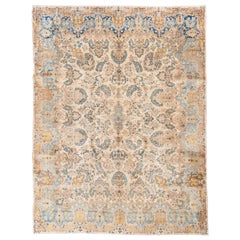 Antique Neutral Persian Kerman Carpet with Light Blue & Yellows Tones