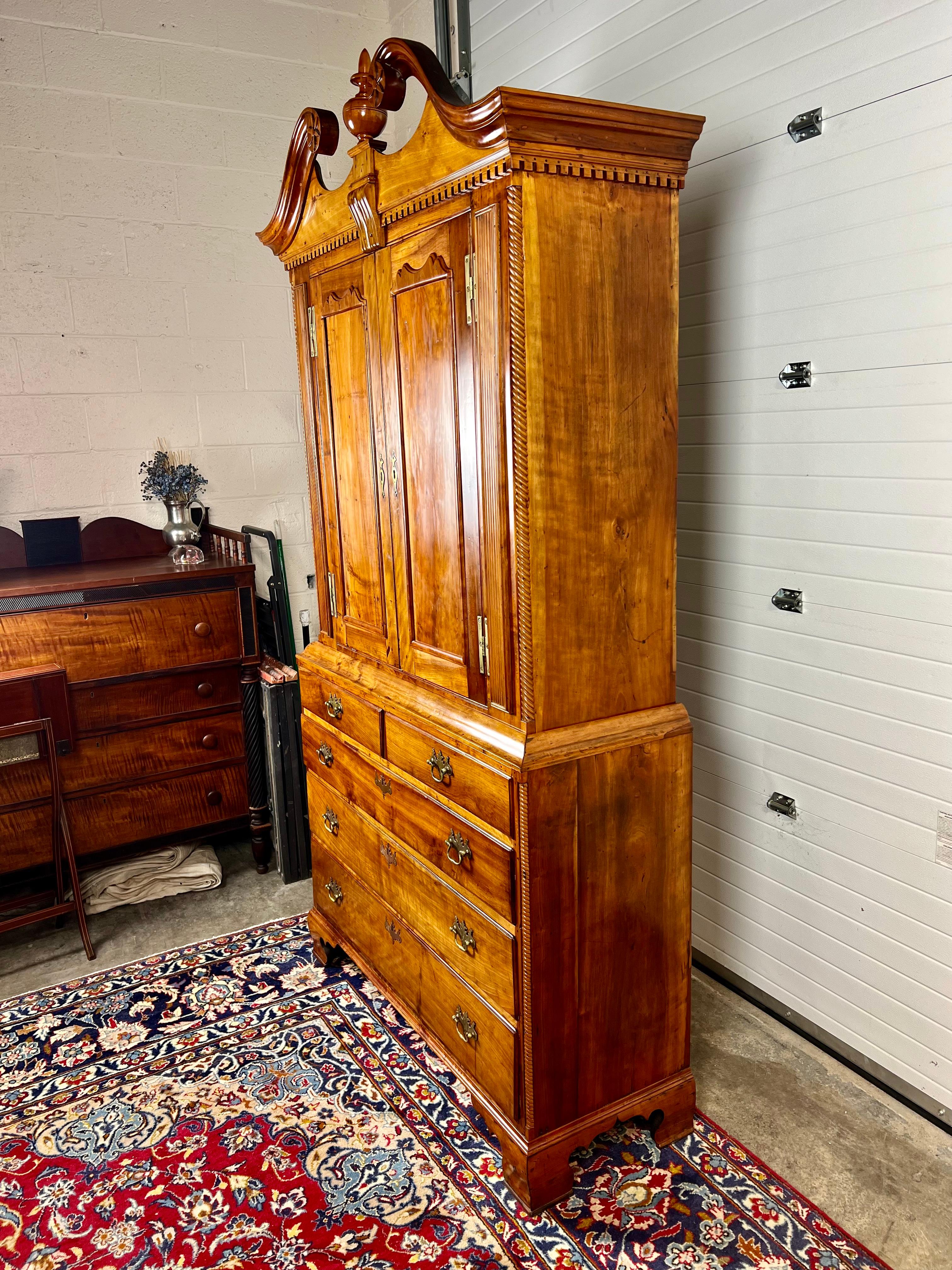 American Colonial Antique New England Chippendale Cherry Linen Press c. 1760
