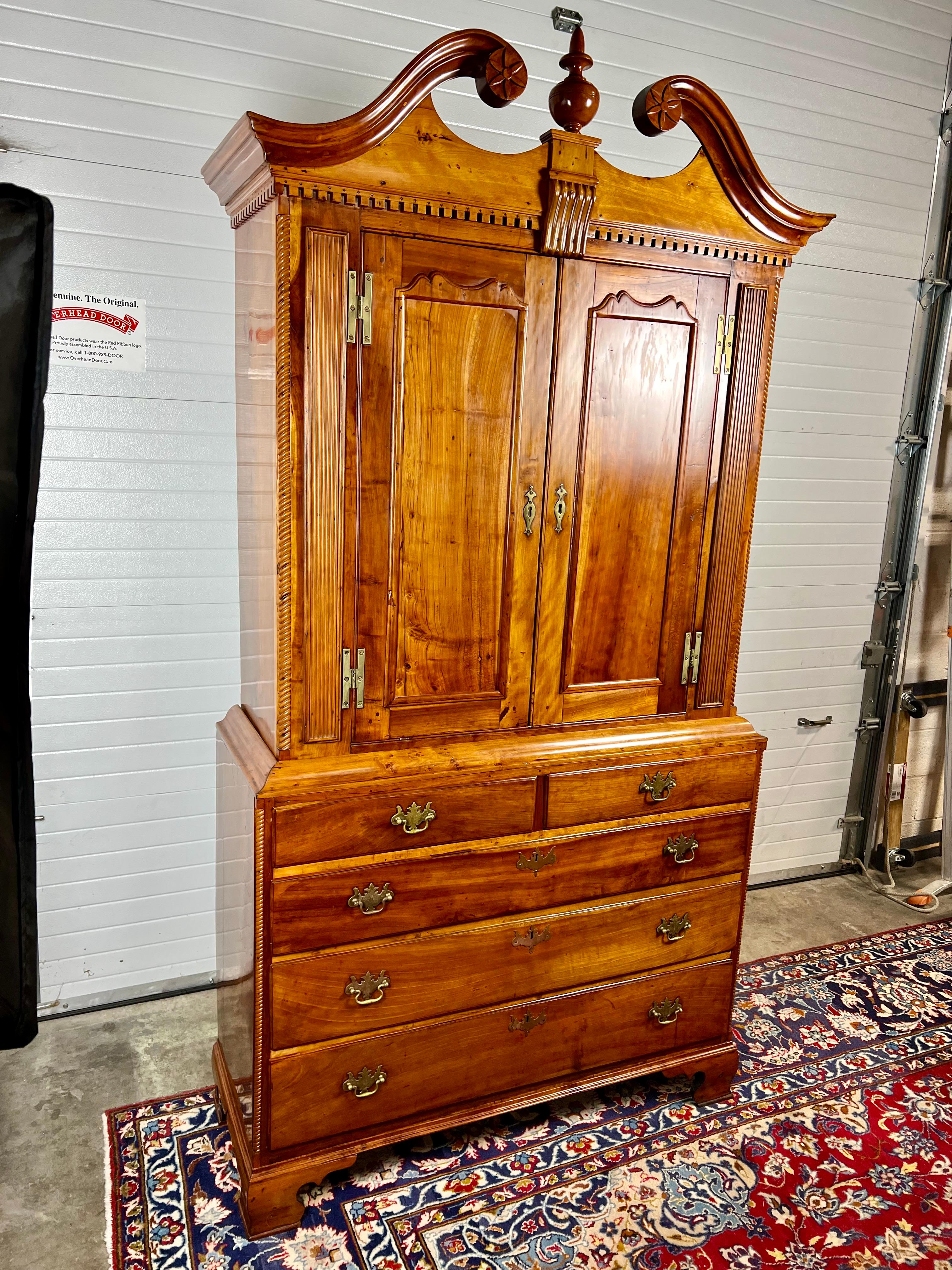 American Antique New England Chippendale Cherry Linen Press c. 1760