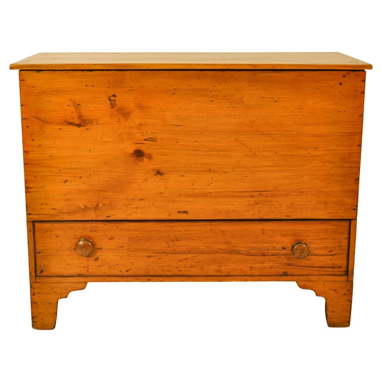 Antique New England Country Chippendale Pumpkin Pine Blanket Box Chest