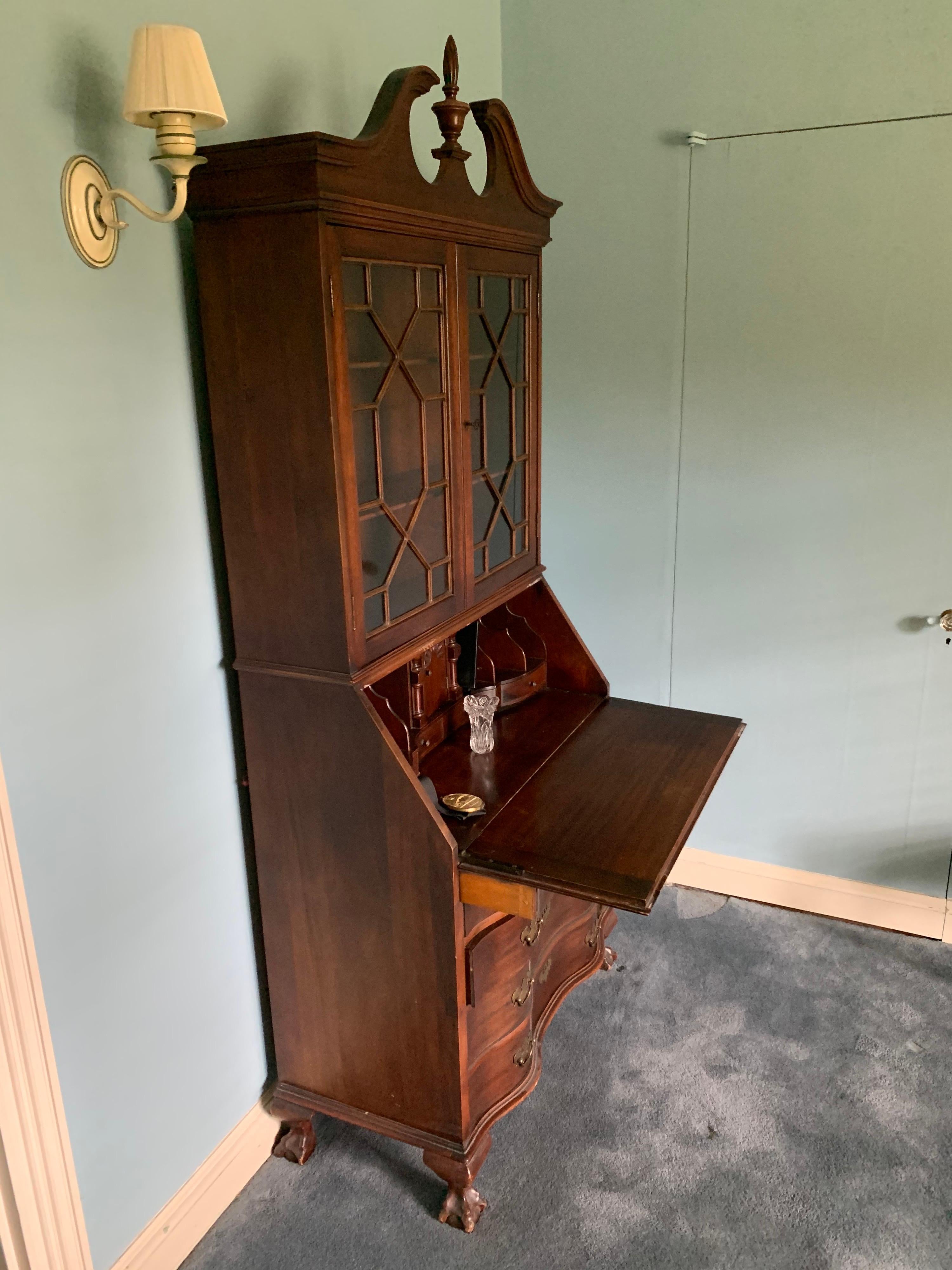Glass Chippendale Style New England Mahogany Secretaire Secretary Desk