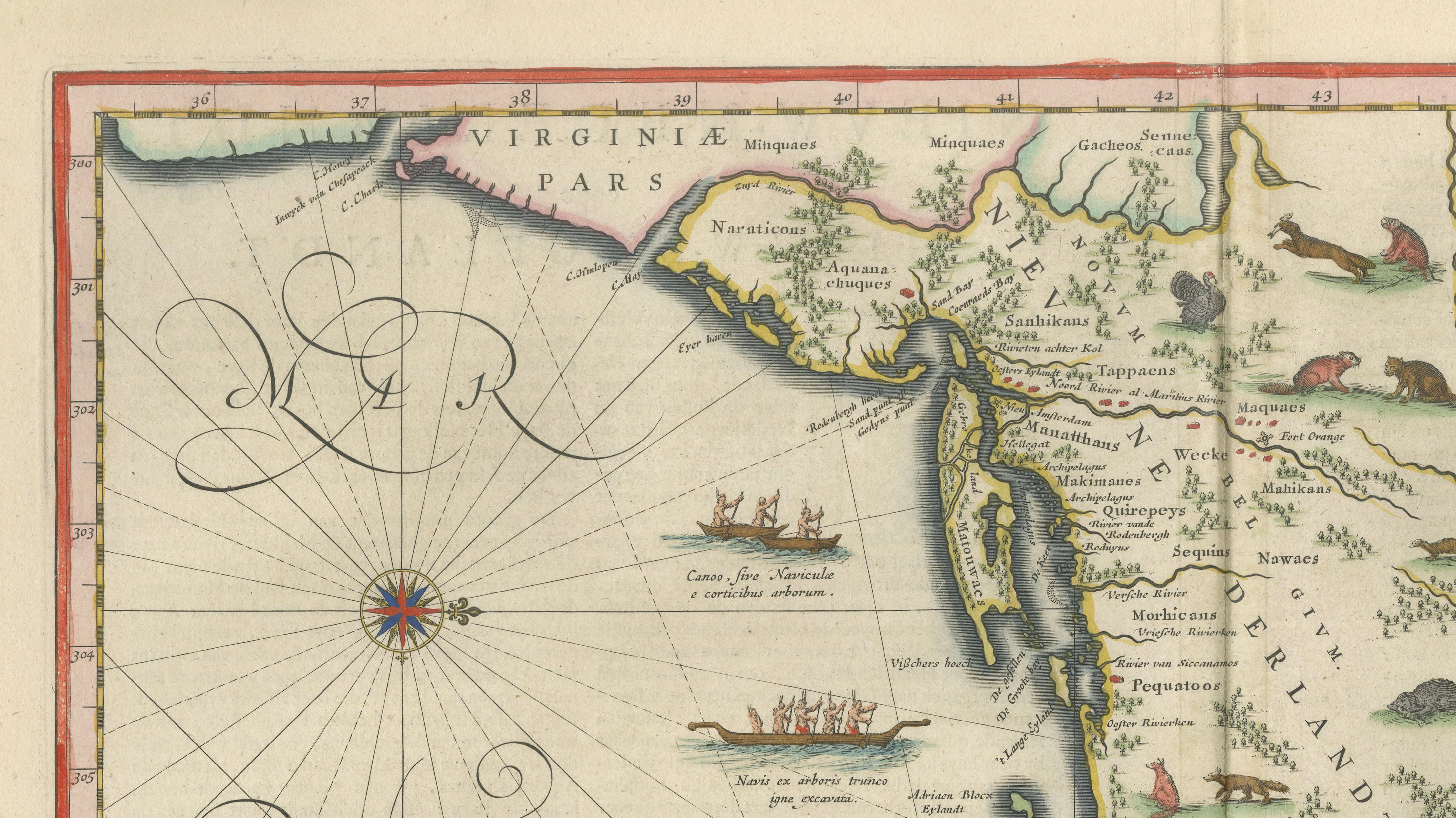 Antique New England Map Blaeu c.1642 – Nova Belgica & Anglia, Ships