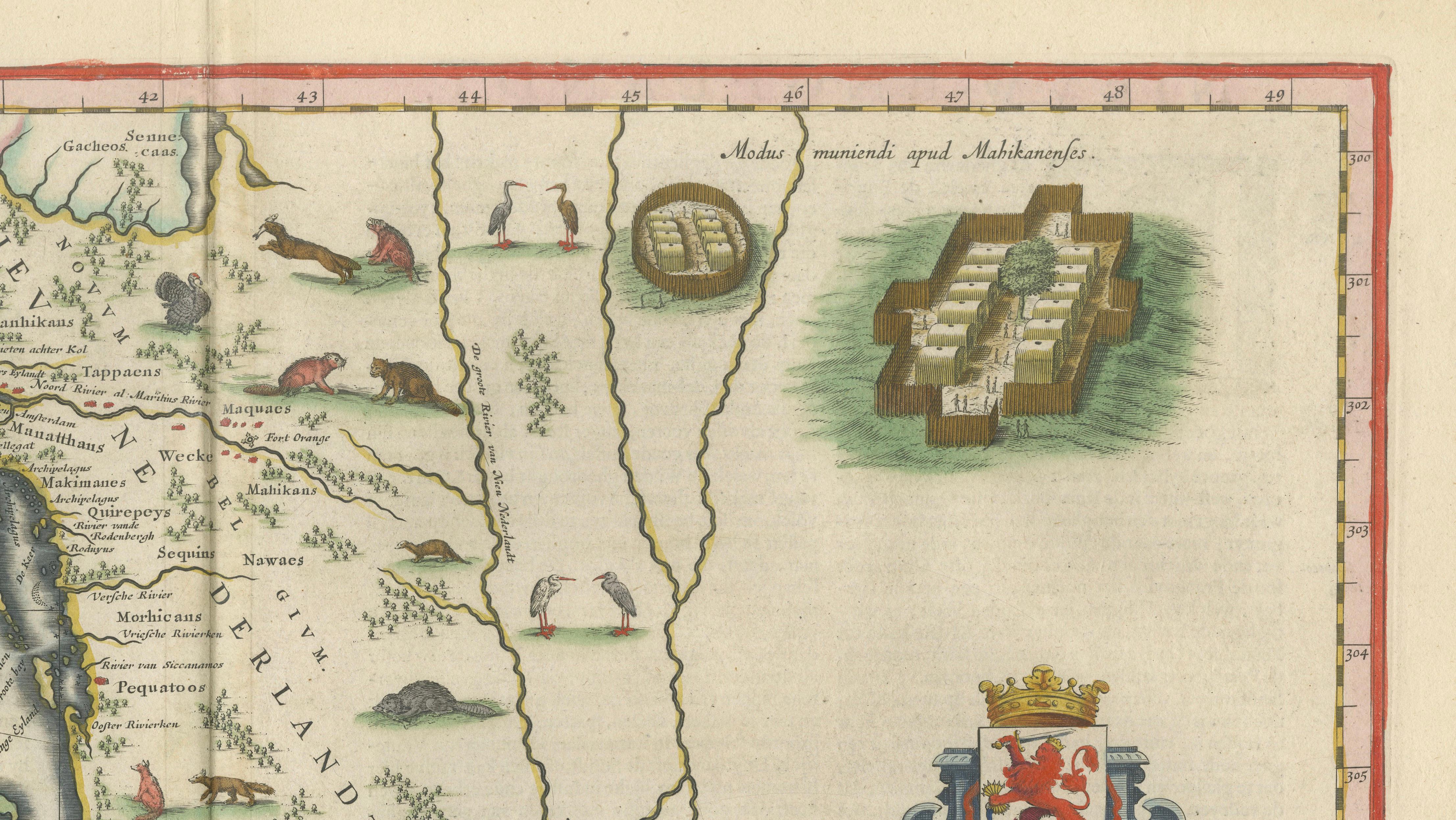 Antique New England Map Blaeu c.1642 – Nova Belgica & Anglia, Ships