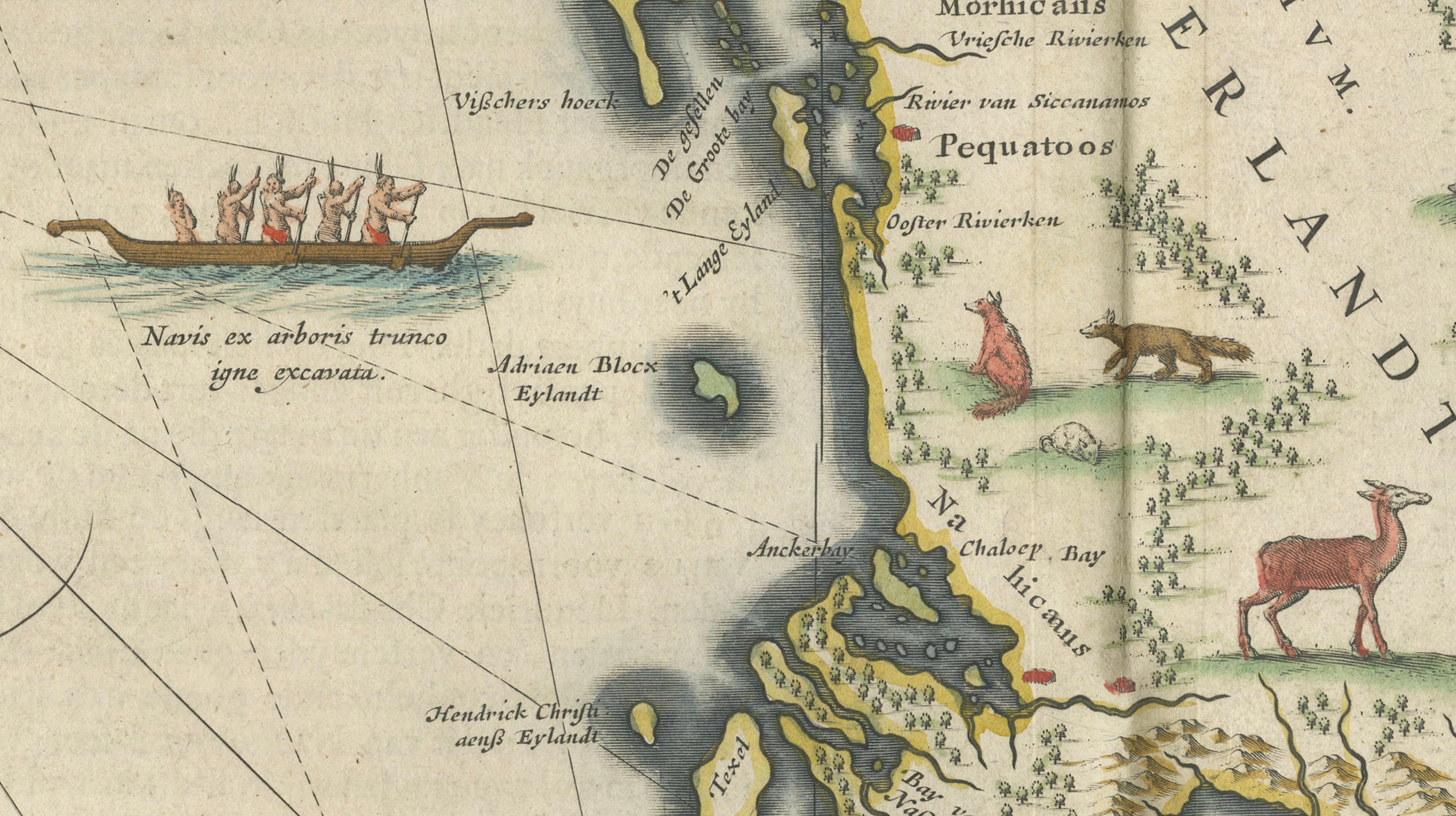 Antique New England Map Blaeu c.1642 – Nova Belgica & Anglia, Ships