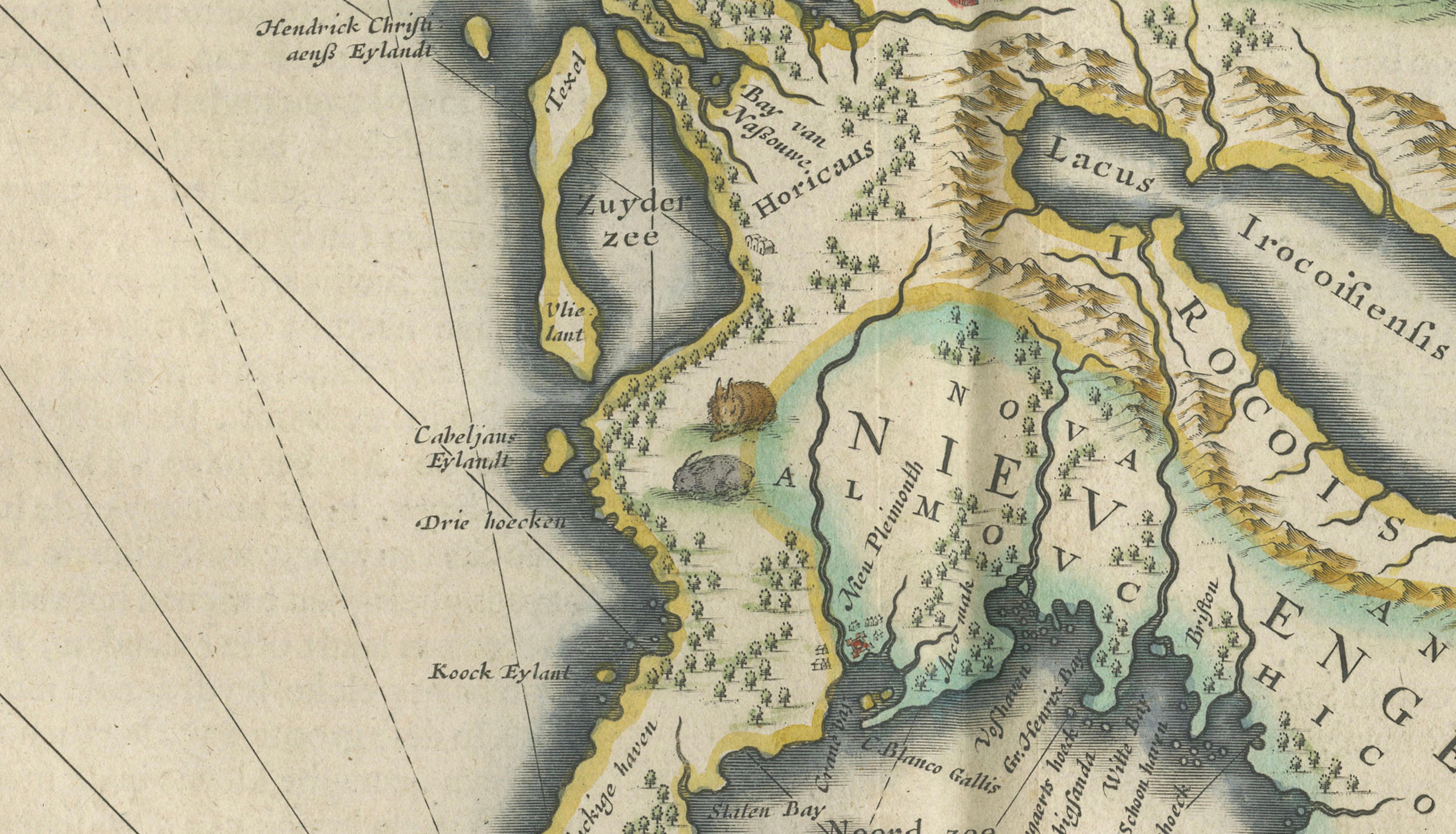 Antique New England Map Blaeu c.1642 – Nova Belgica & Anglia, Ships