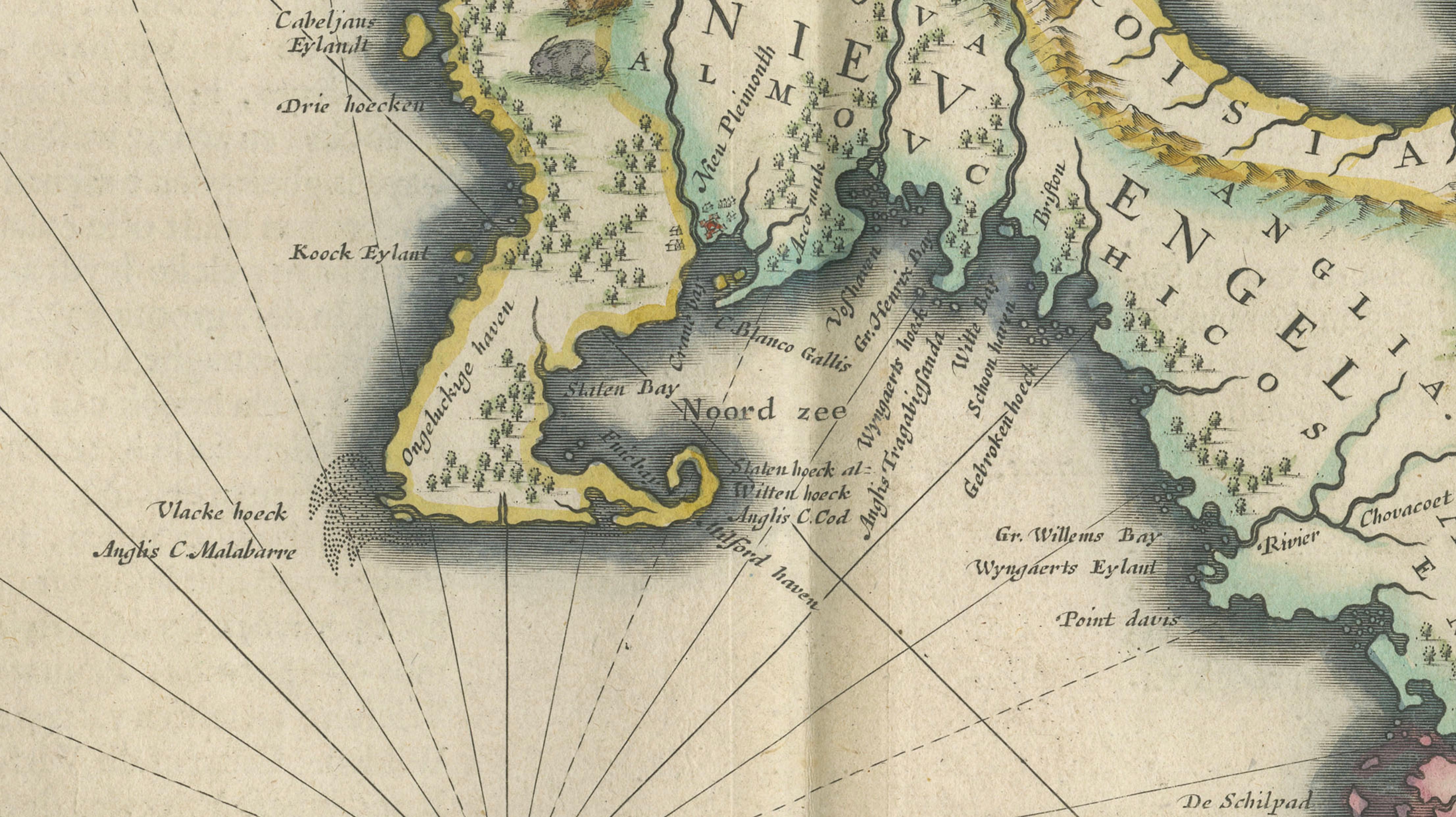 Antique New England Map Blaeu c.1642 – Nova Belgica & Anglia, Ships
