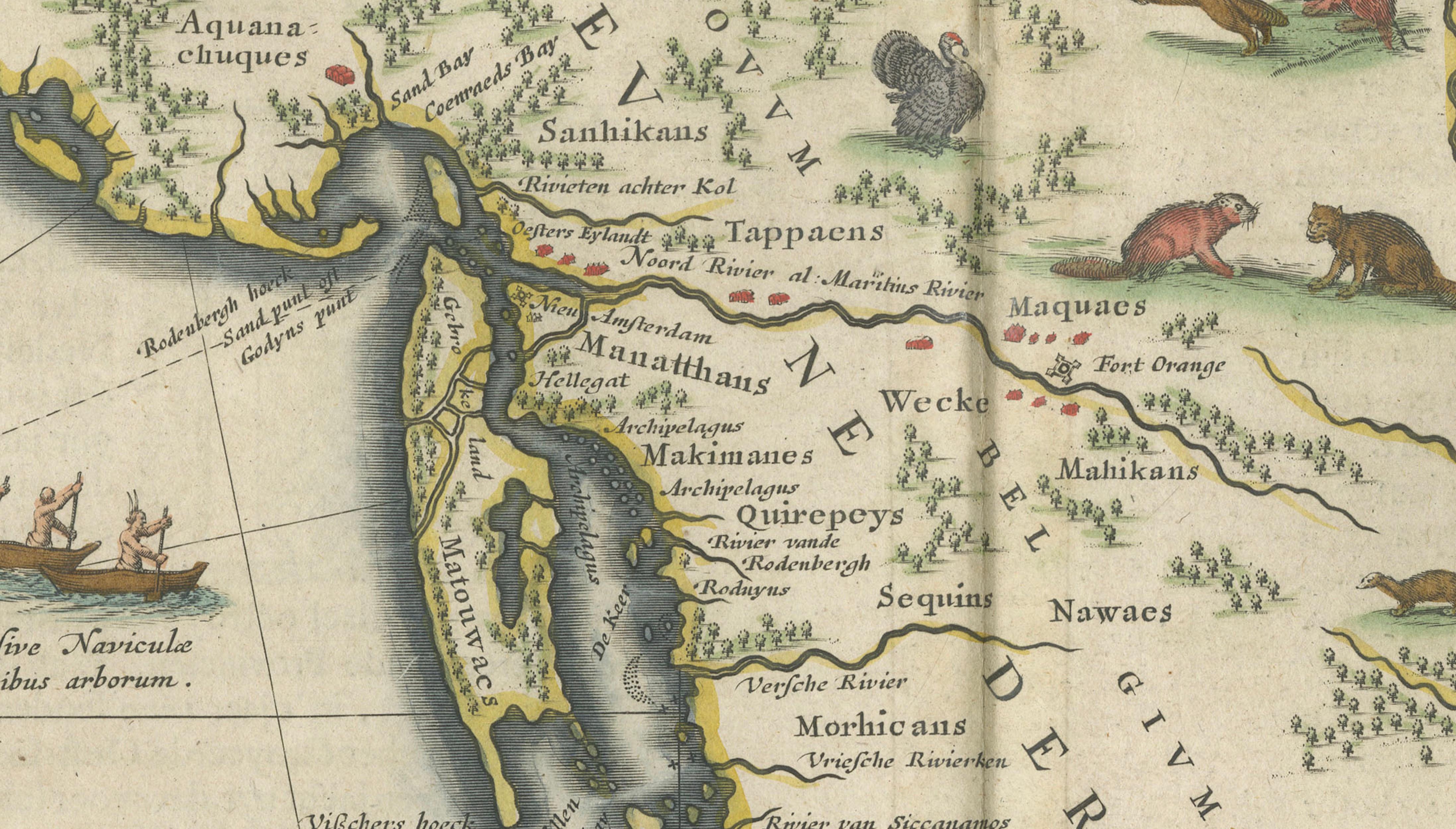 Antique New England Map Blaeu c.1642 – Nova Belgica & Anglia, Ships