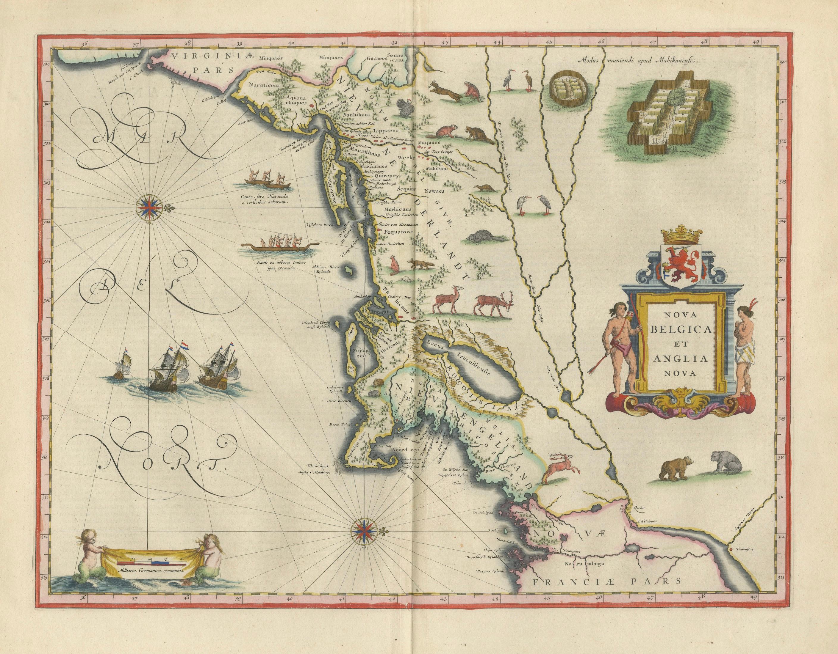 Antique New England Map Blaeu c.1642 – Nova Belgica & Anglia, Ships