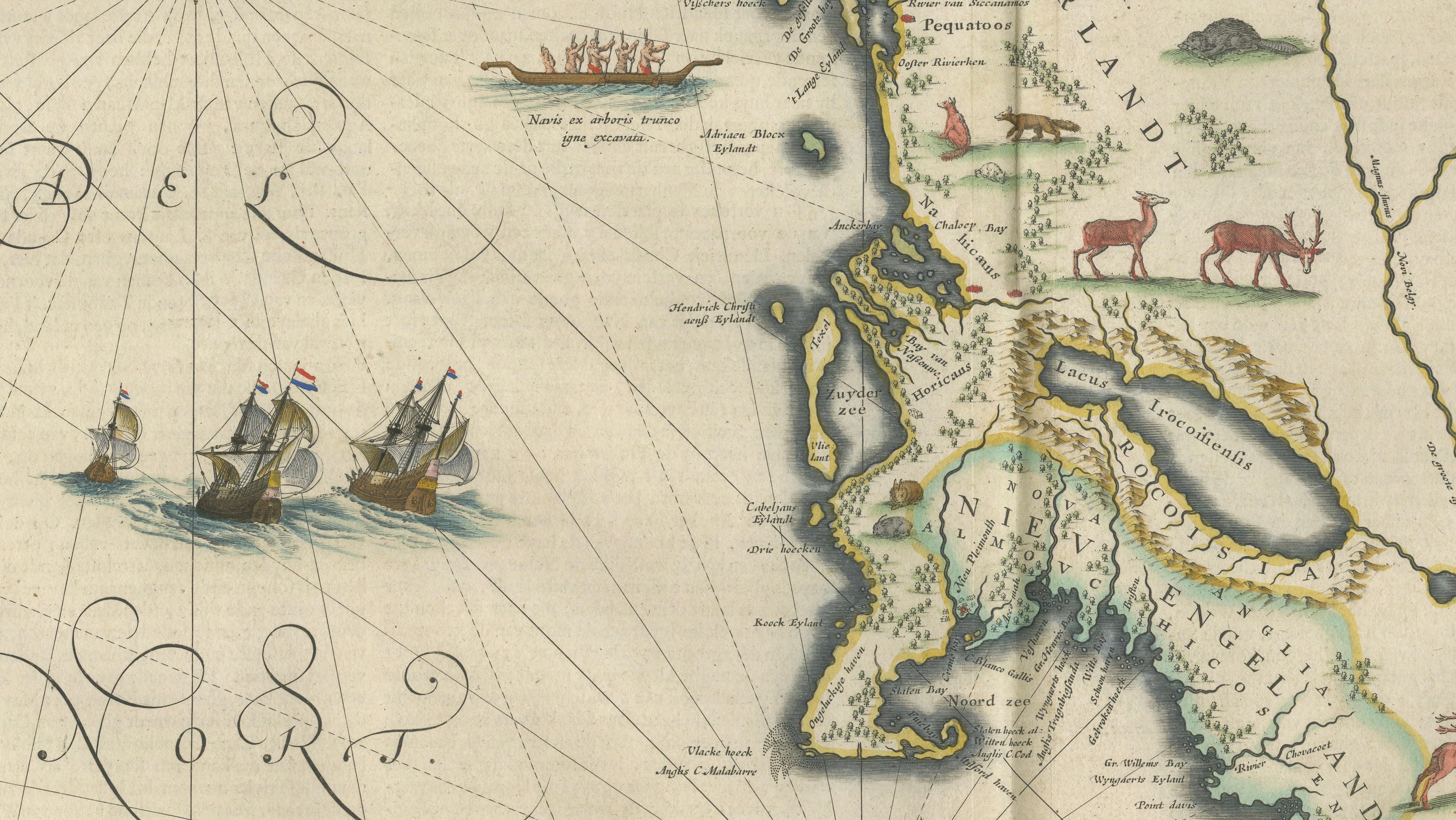 Antique New England Map Blaeu c.1642 – Nova Belgica & Anglia, Ships