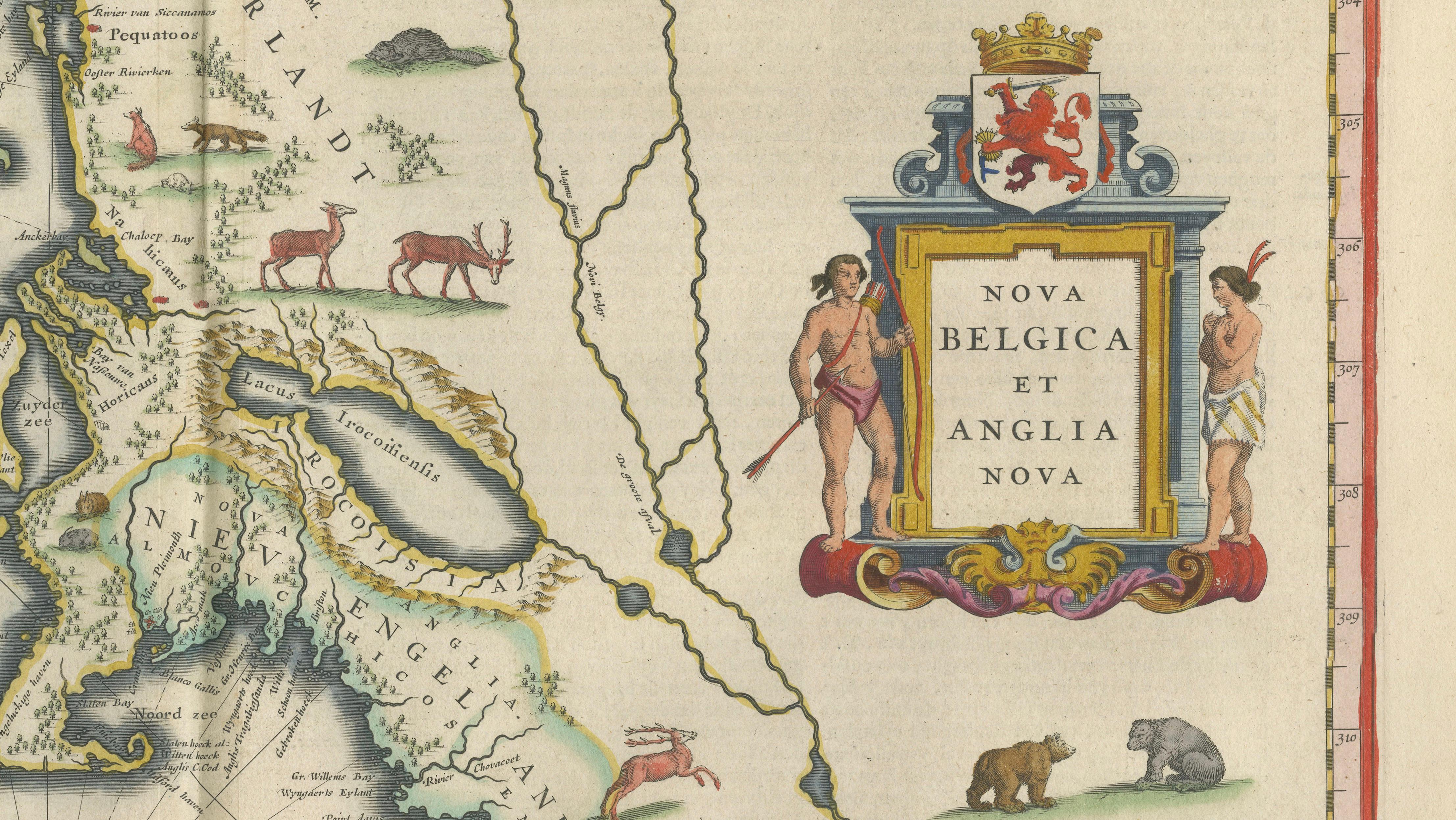 Antique New England Map Blaeu c.1642 – Nova Belgica & Anglia, Ships
