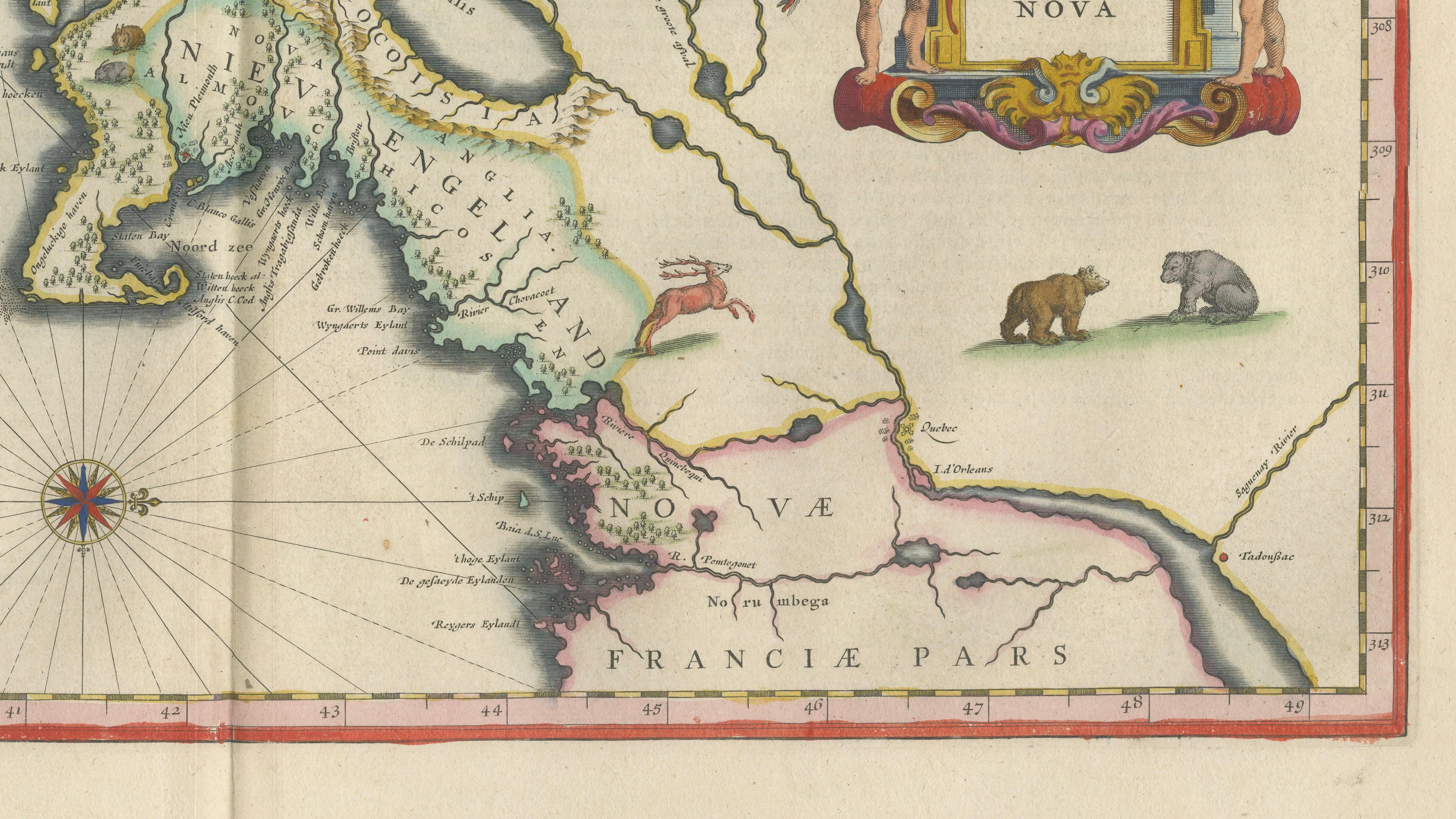 Antique New England Map Blaeu c.1642 – Nova Belgica & Anglia, Ships