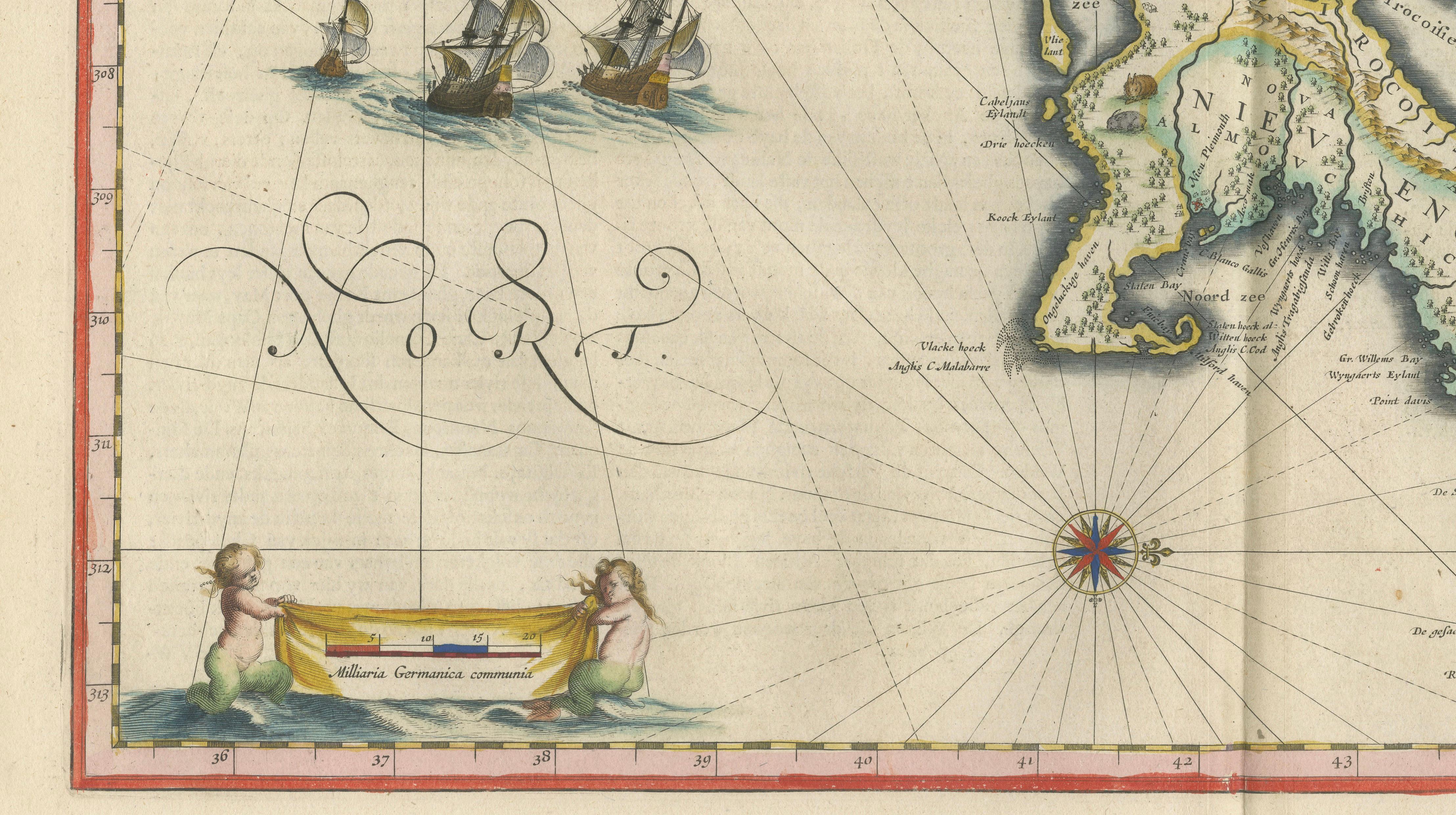 Antique New England Map Blaeu c.1642 – Nova Belgica & Anglia, Ships