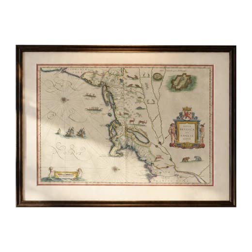 Antique New England Map Blaeu c.1642 – Nova Belgica & Anglia, Ships