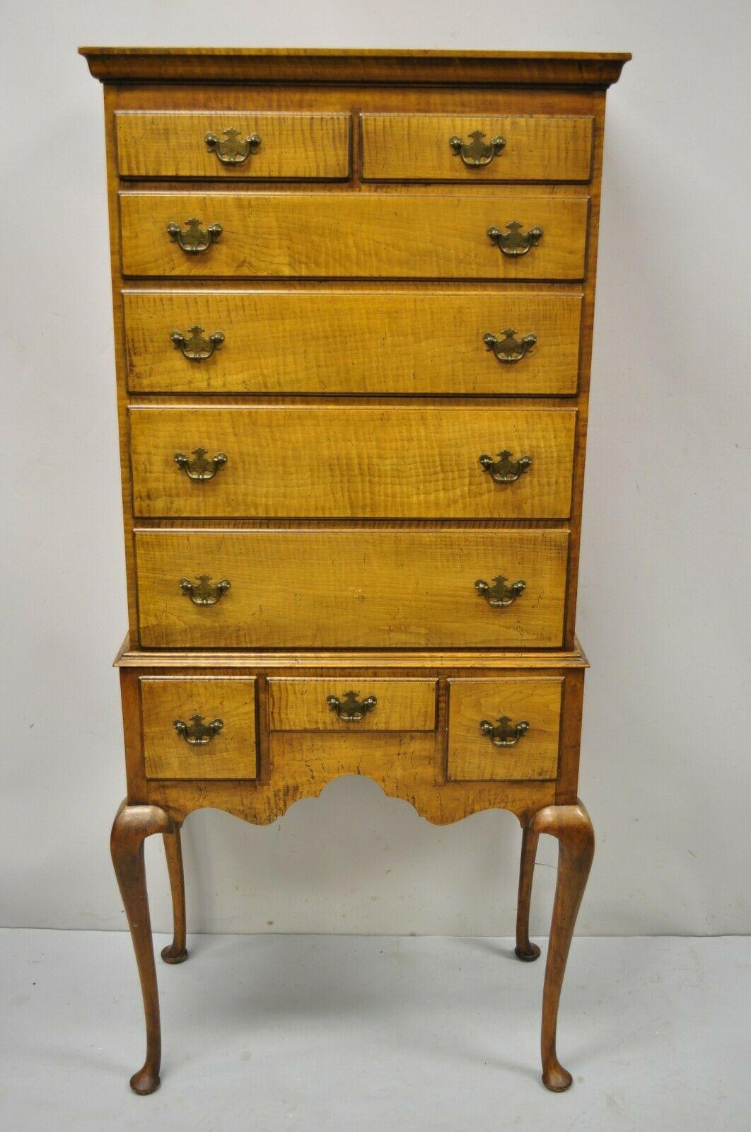 Antique New England Queen Anne Curly Tiger Maple Small Chest Dresser Highboy For Sale 5