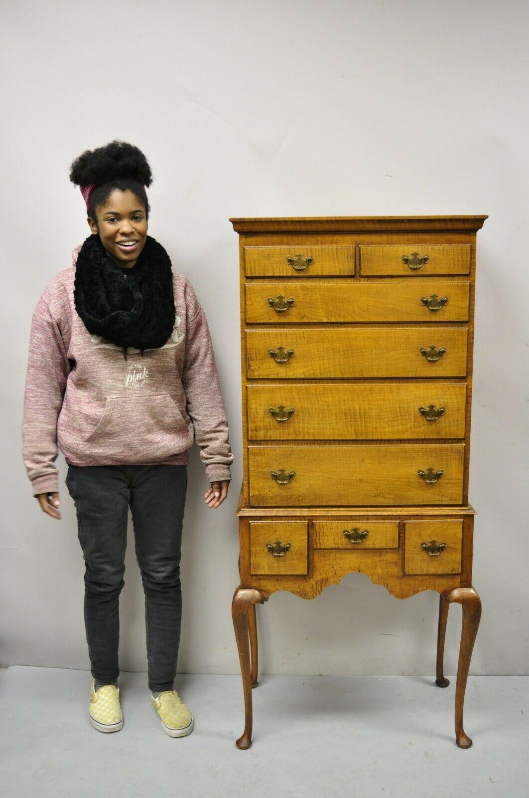 Antique New England Queen Anne Curly Tiger Maple Small Tall Chest Dresser Highboy. Item features unique small size, stunning curly maple, beautiful wood grain, distressed finish, 2 part construction, 9 dovetailed drawers, Queen Anne shapely legs,