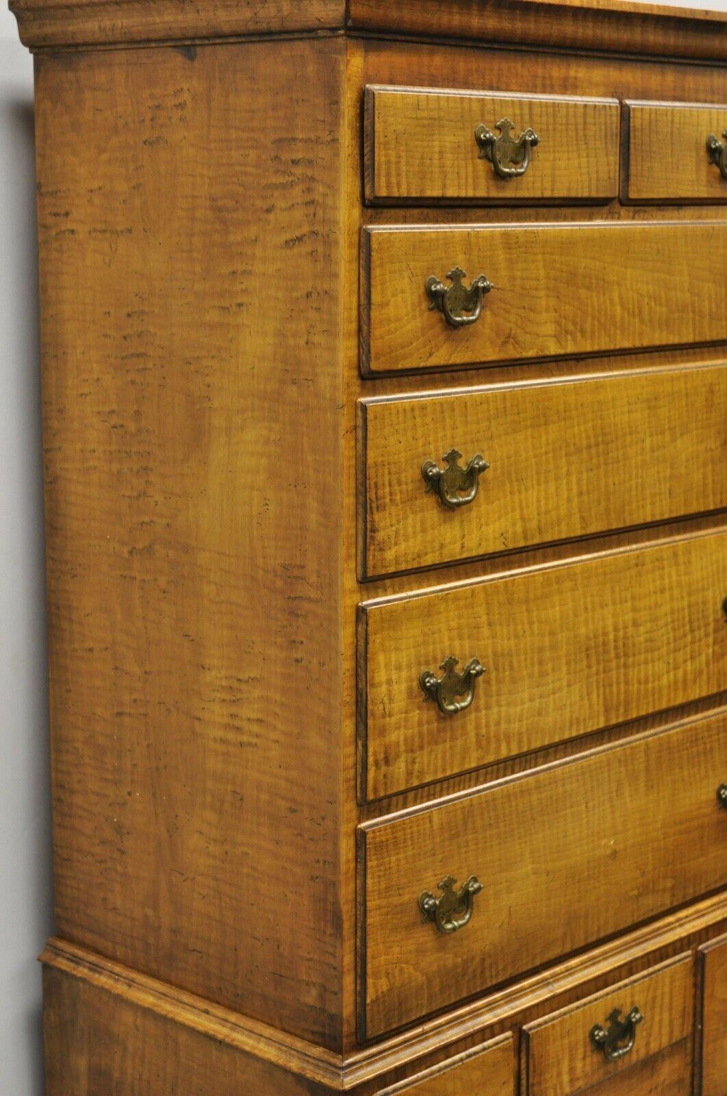 English Antique New England Queen Anne Curly Tiger Maple Small Chest Dresser Highboy For Sale