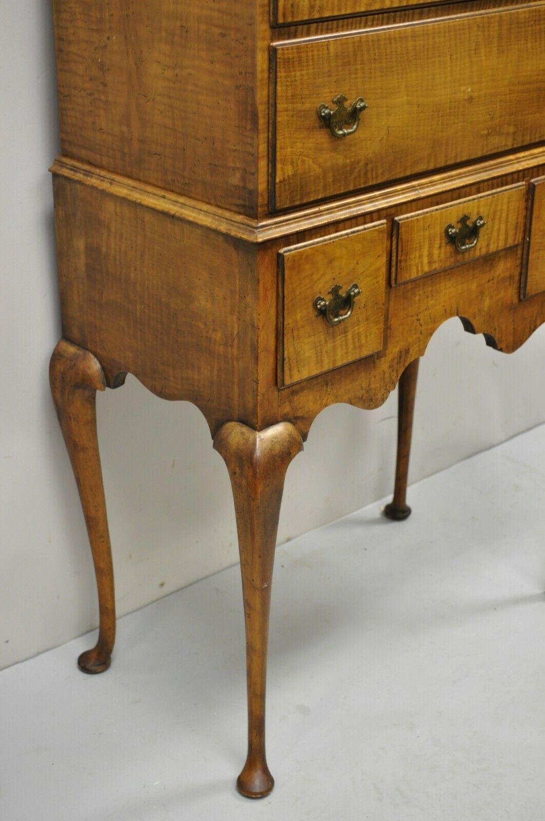 Antique New England Queen Anne Curly Tiger Maple Small Chest Dresser Highboy For Sale 1