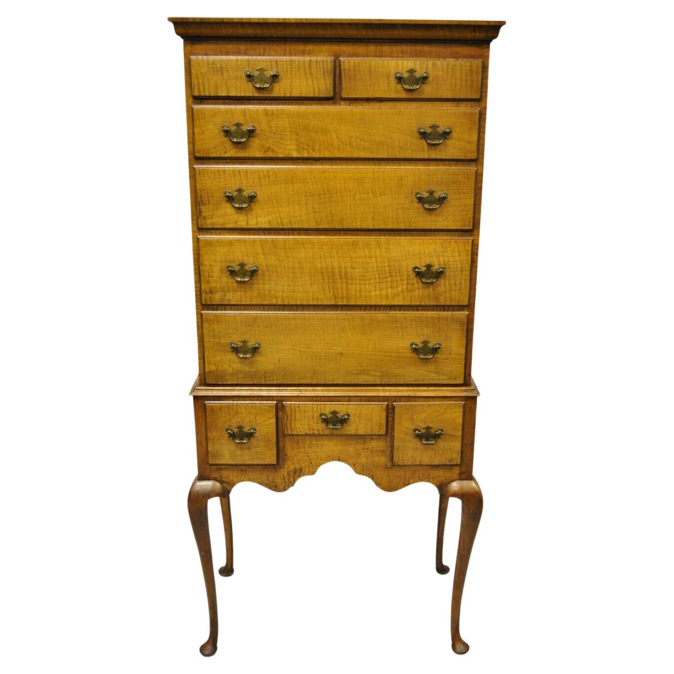 Antique New England Queen Anne Curly Tiger Maple Small Chest Dresser Highboy For Sale