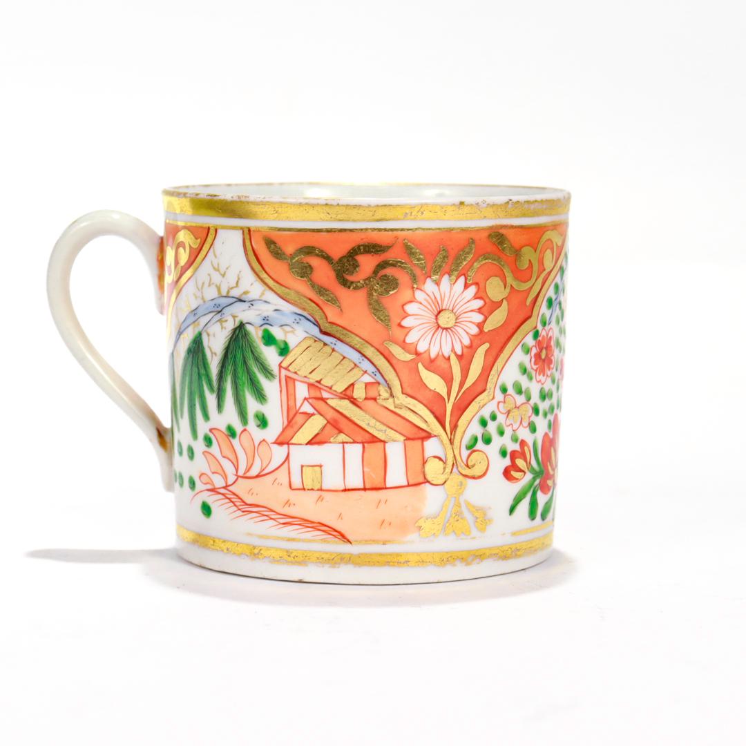 Antike New Hall Porcelain Orange Imari Haus & Willow Variant Kaffeetasse / Cann (Handbemalt) im Angebot