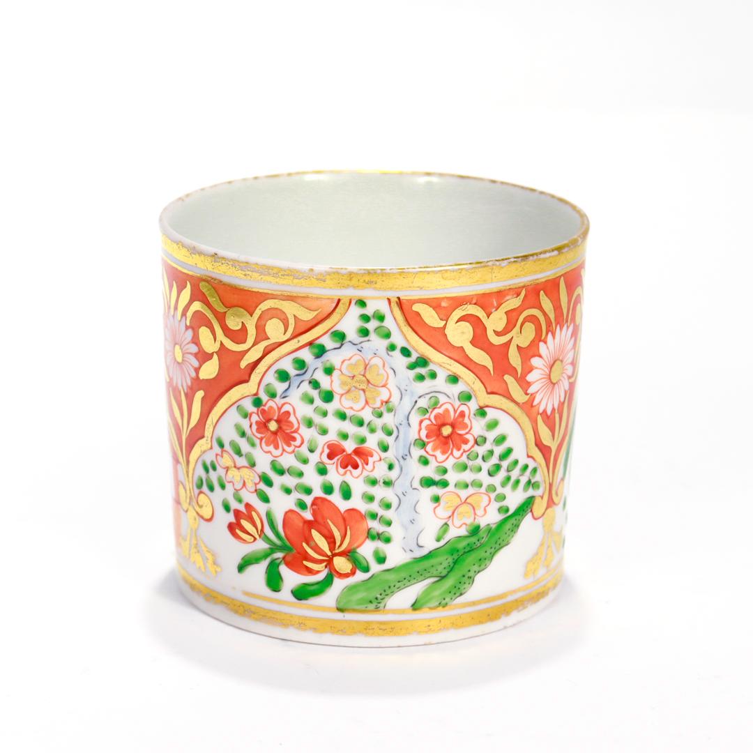 19th Century Antique New Hall Porcelain Orange Imari House & Willow Variant Coffee Cup / Cann For Sale