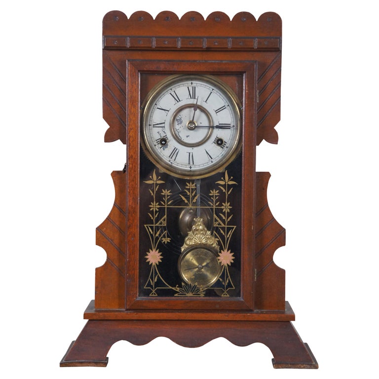 Antique New Haven Clock Co Carved Walnut 8 Day Chiming Mantel Shelf