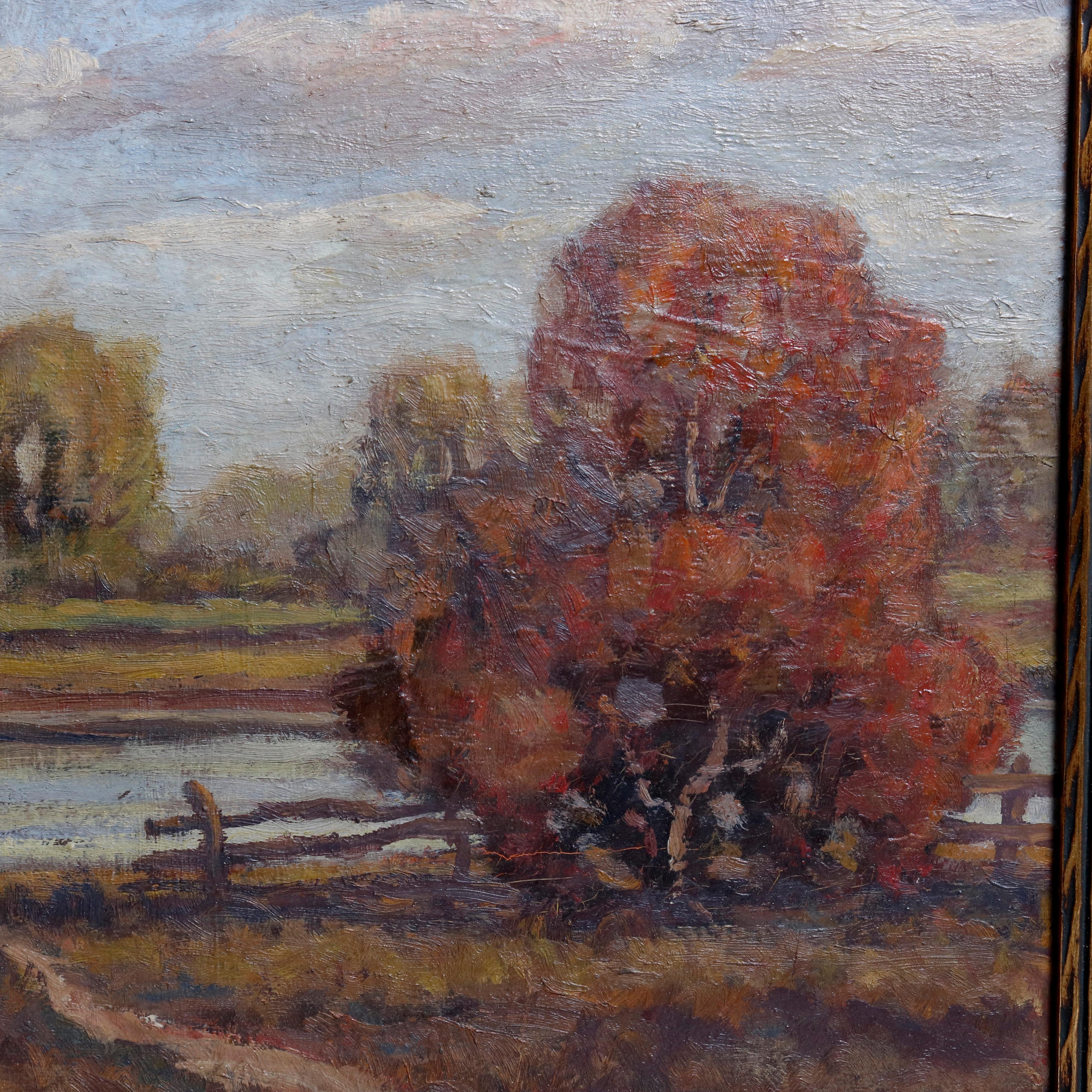 An antique New Hope School oil on board landscape painting by H. Wallace Gabriel depicts lake scene with path, split rail fence, signed lower left, framed, circa 1920

***DELIVERY NOTICE – Due to COVID-19 we are employing NO-CONTACT PRACTICES in the