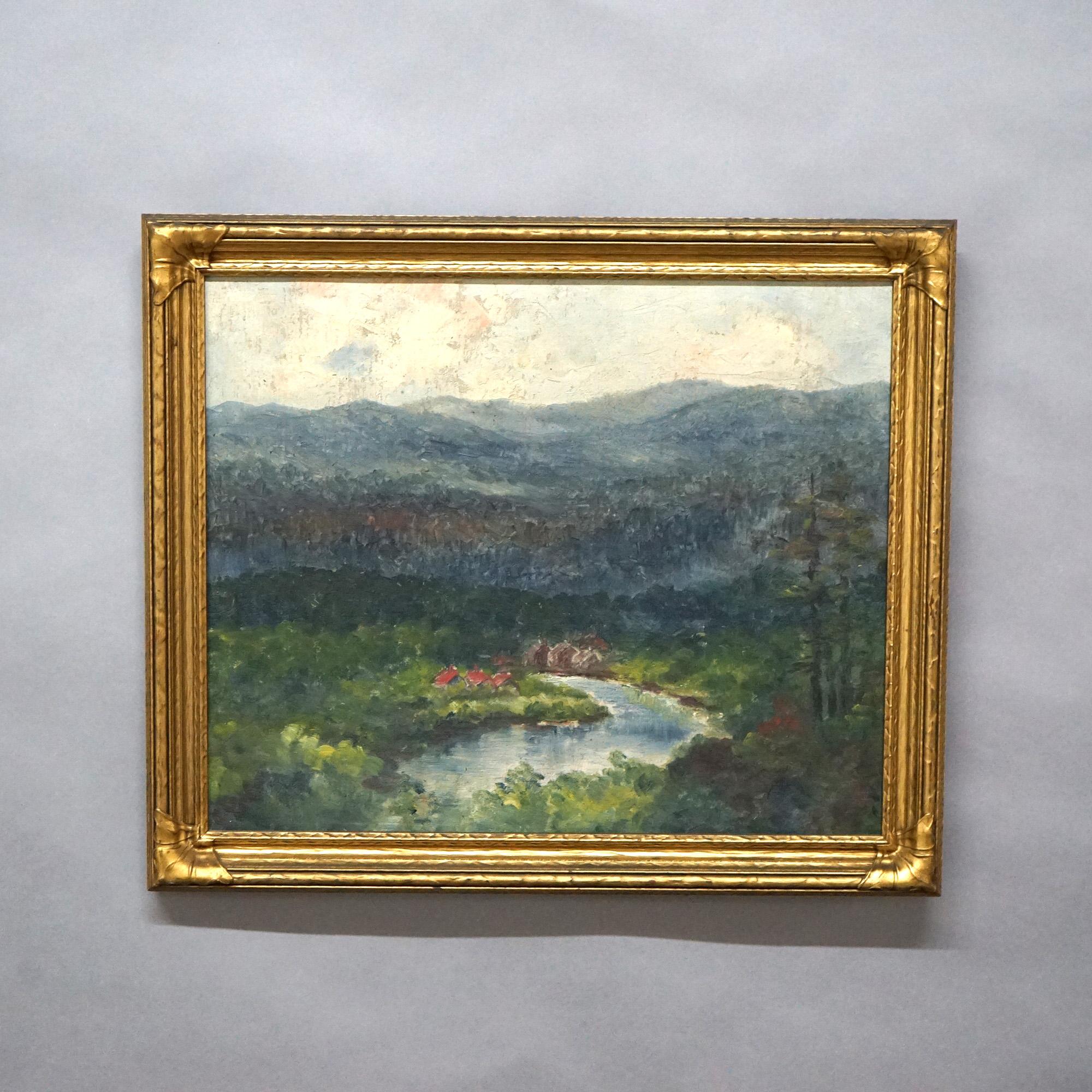 An antique New Hope School impressionist painting offers oil on boar landscape of a river valley, seated in giltwood frame, c1920

Measures - 16.5