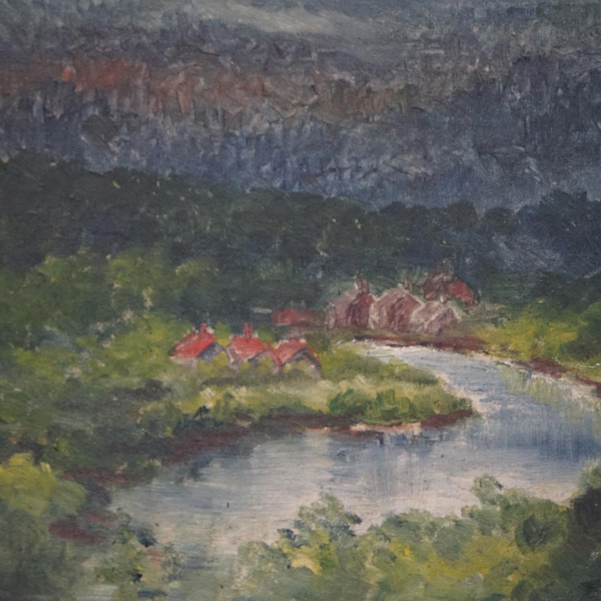 Hand-Painted Antique New Hope School Impressionists Painting of a River Valley, circa 1920