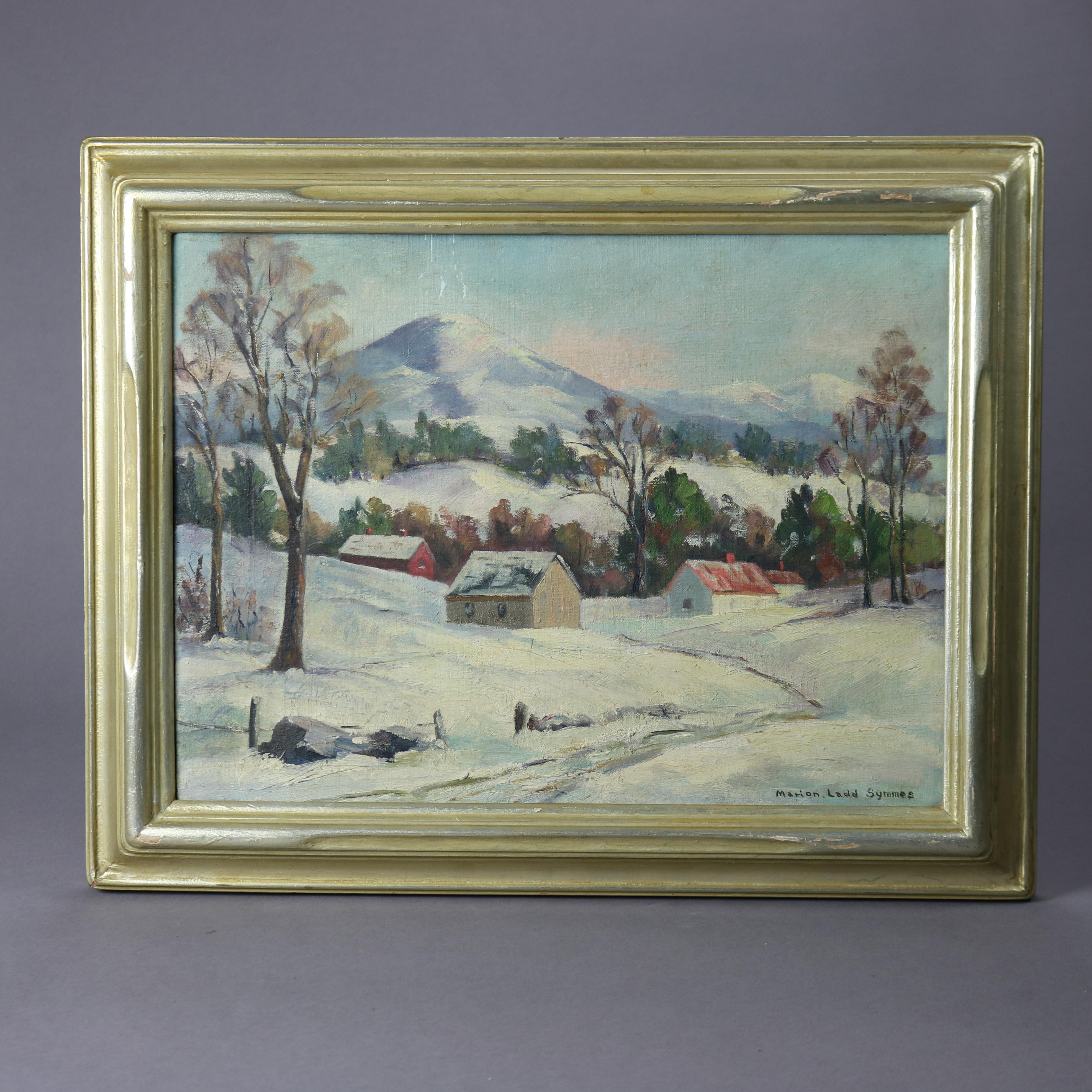 An antique landscape painting offers oil on board landscape scene in the manner of the New Hope School titled Mt. Antrim, NH, signed by Marion Ladd Symmes, seated in giltwood frame, circa 1910

Measures - 15.25