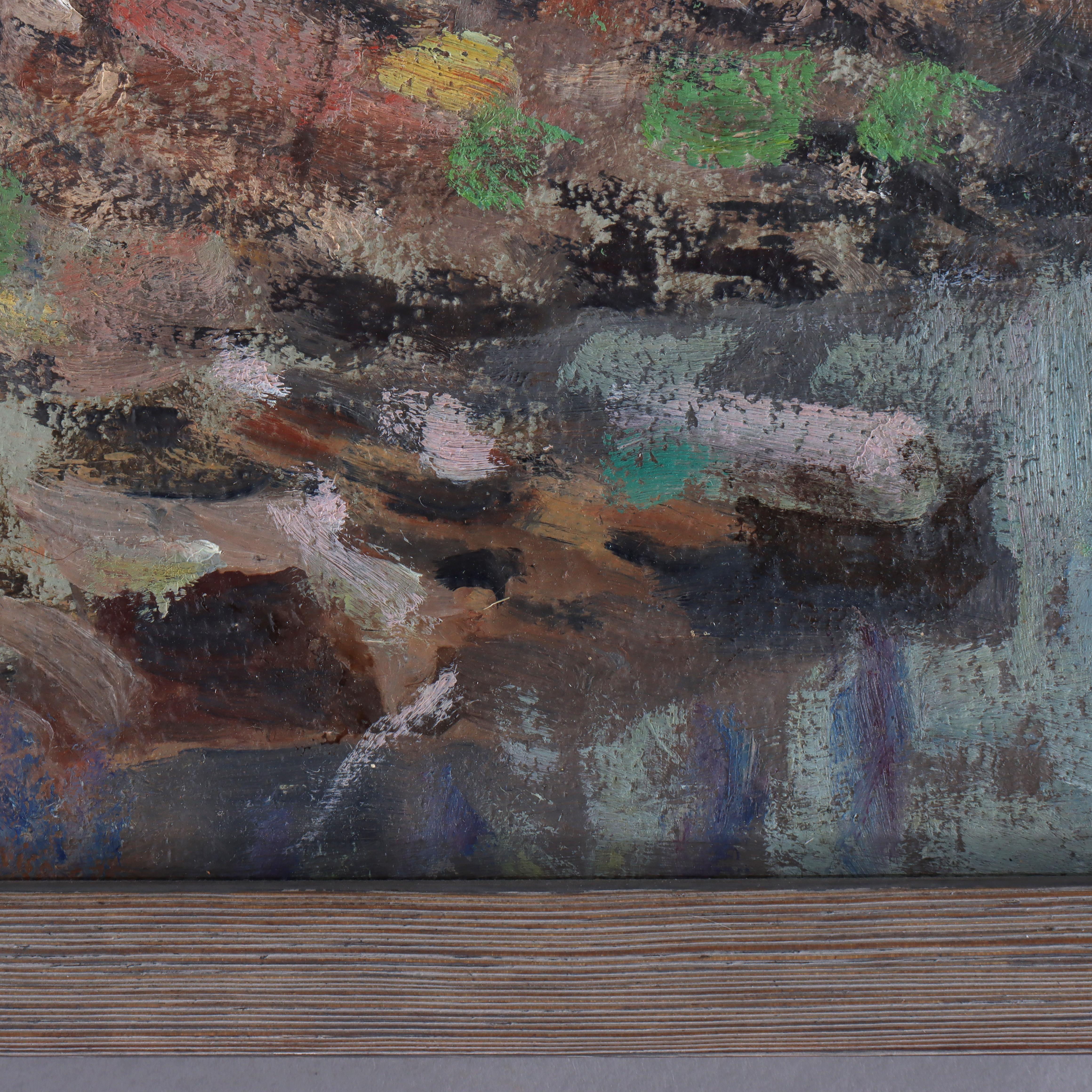 Antiguo cuadro de paisaje al óleo sobre tabla de la escuela New Hope atribuido a W. E. Baum C1930

Medidas - 13 1/8